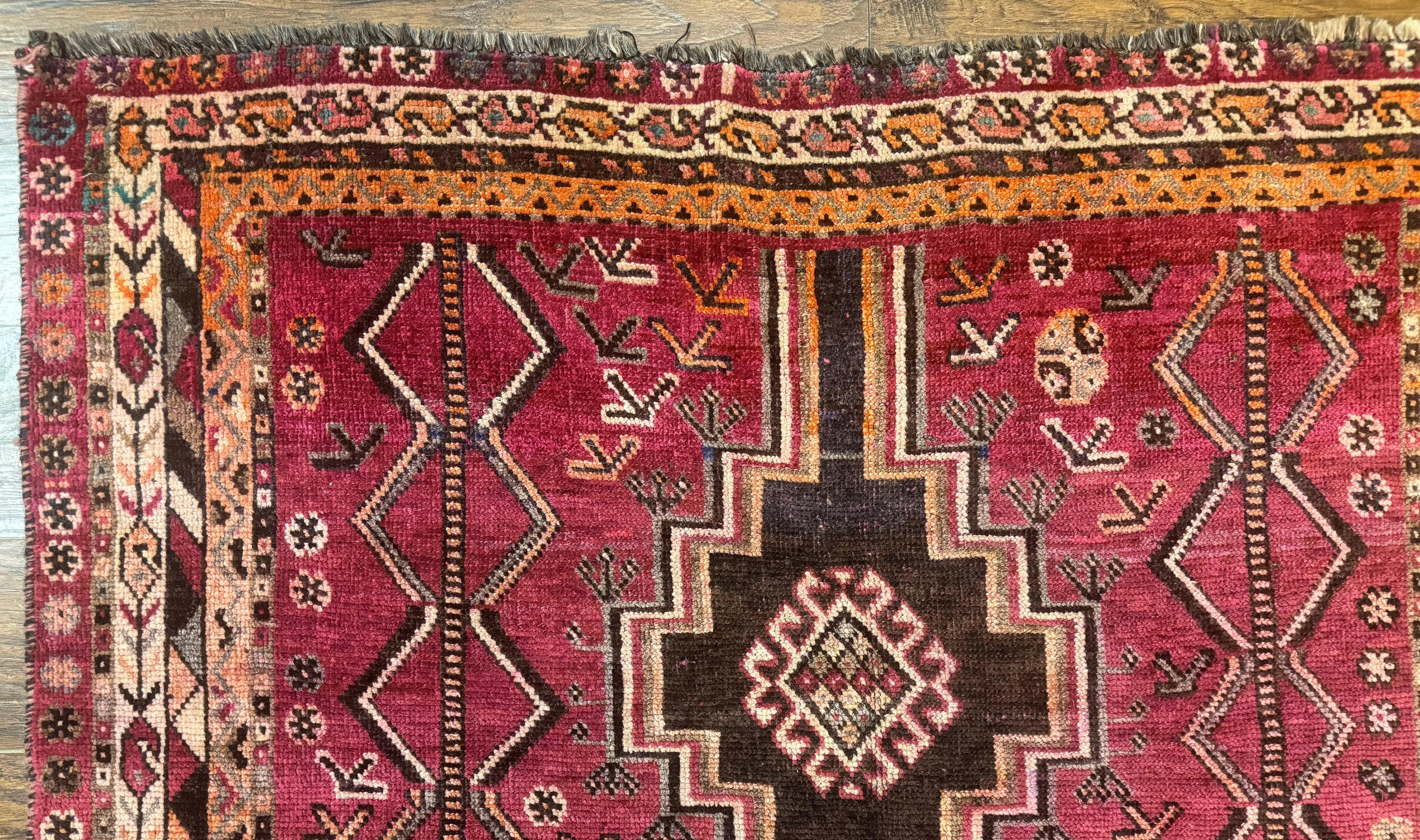 Persian Tribal Shiraz Rug 5x8, Geometric, Raspberry Red and Charcoal, Antique Persian Carpet - Jewel Rugs