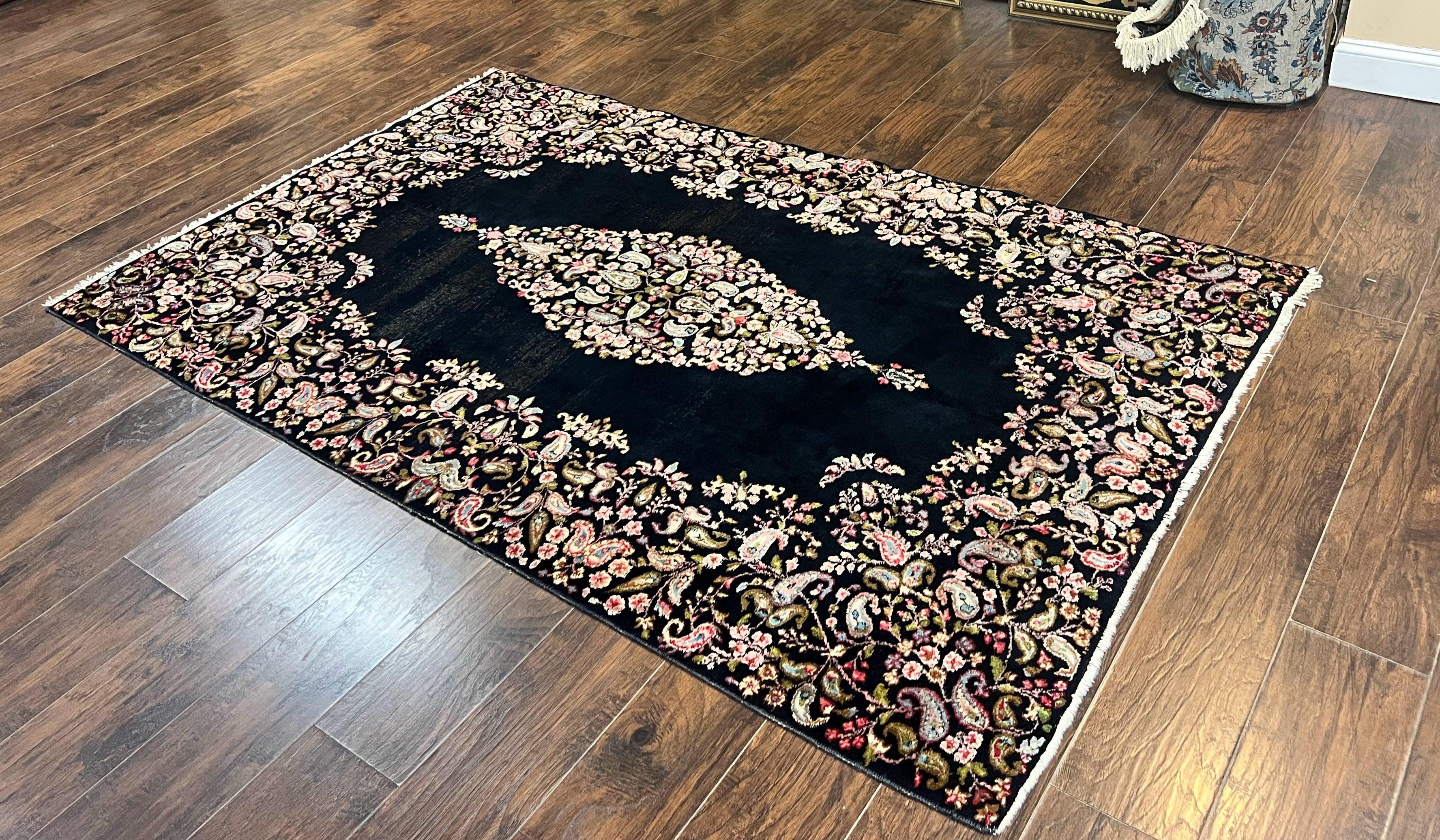 Antique Persian Kirman Rug 5x8, Floral Kirman, Midnight Blue/Black, Semi Open Field, Handmade Vintage Wool Carpet - Jewel Rugs