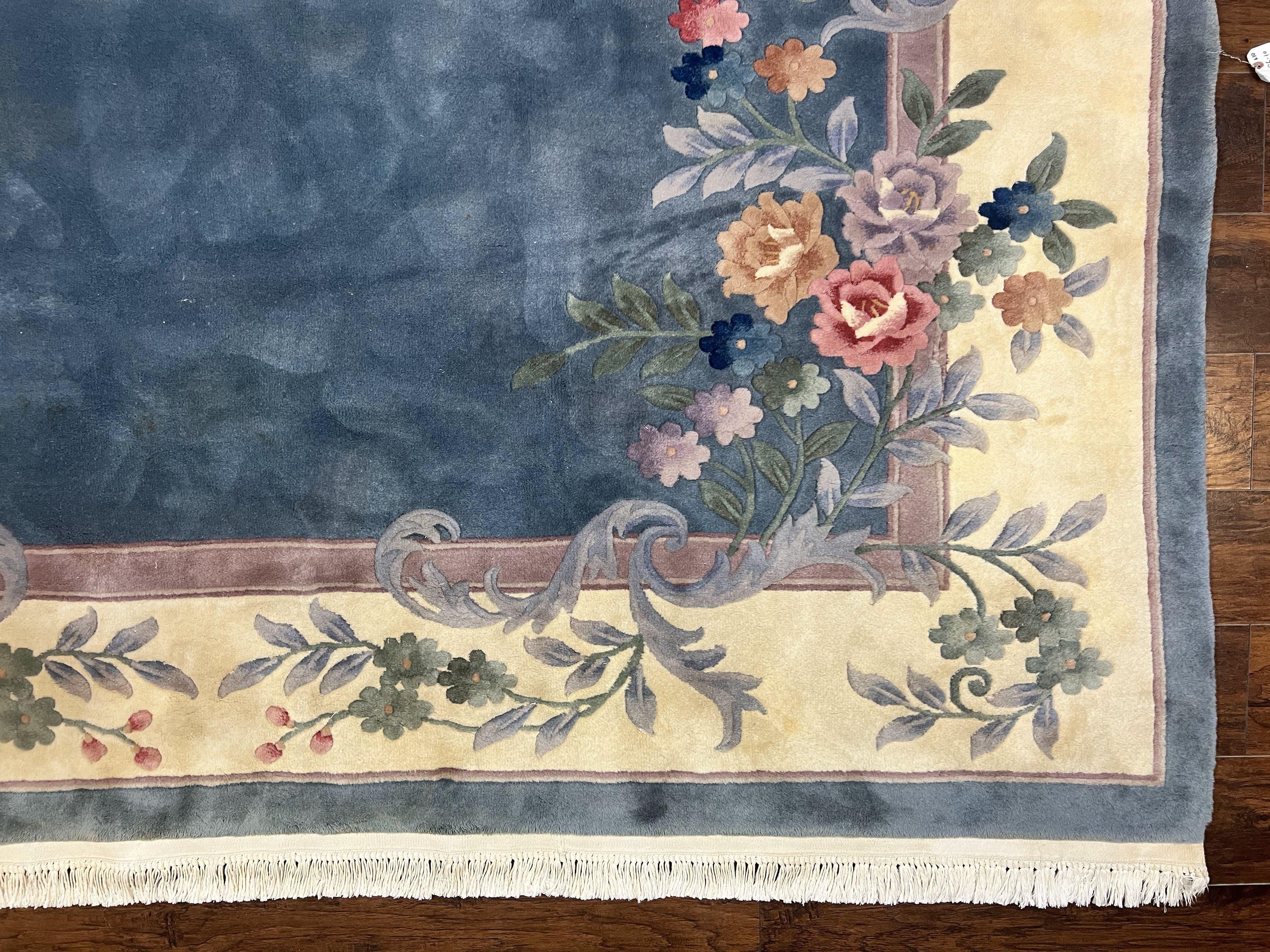 Chinese Wool Rug 10x13, Art Deco Carpet, Chinese Oriental 90 Line Carving Rug 10 x 13, Steel Blue and Cream, Soft, Handmade Vintage Rug - Jewel Rugs