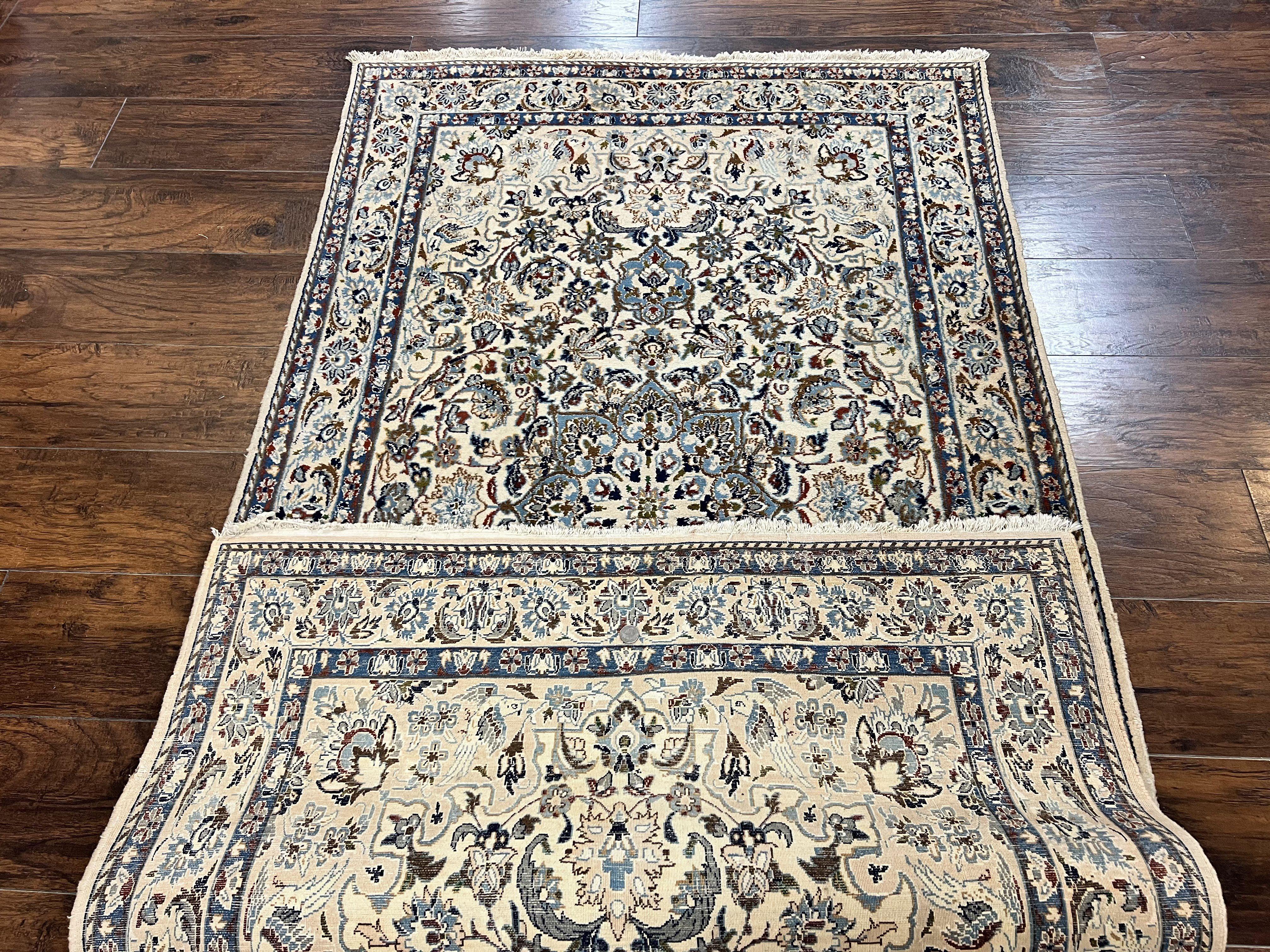 Persian Nain Rug 4x7, Floral Medallion Oriental Carpet 4 x 7 ft, Ivory Persian Rug, Handmade Hand Knotted Vintage, Wool & Silk Highlights, Birds - Jewel Rugs