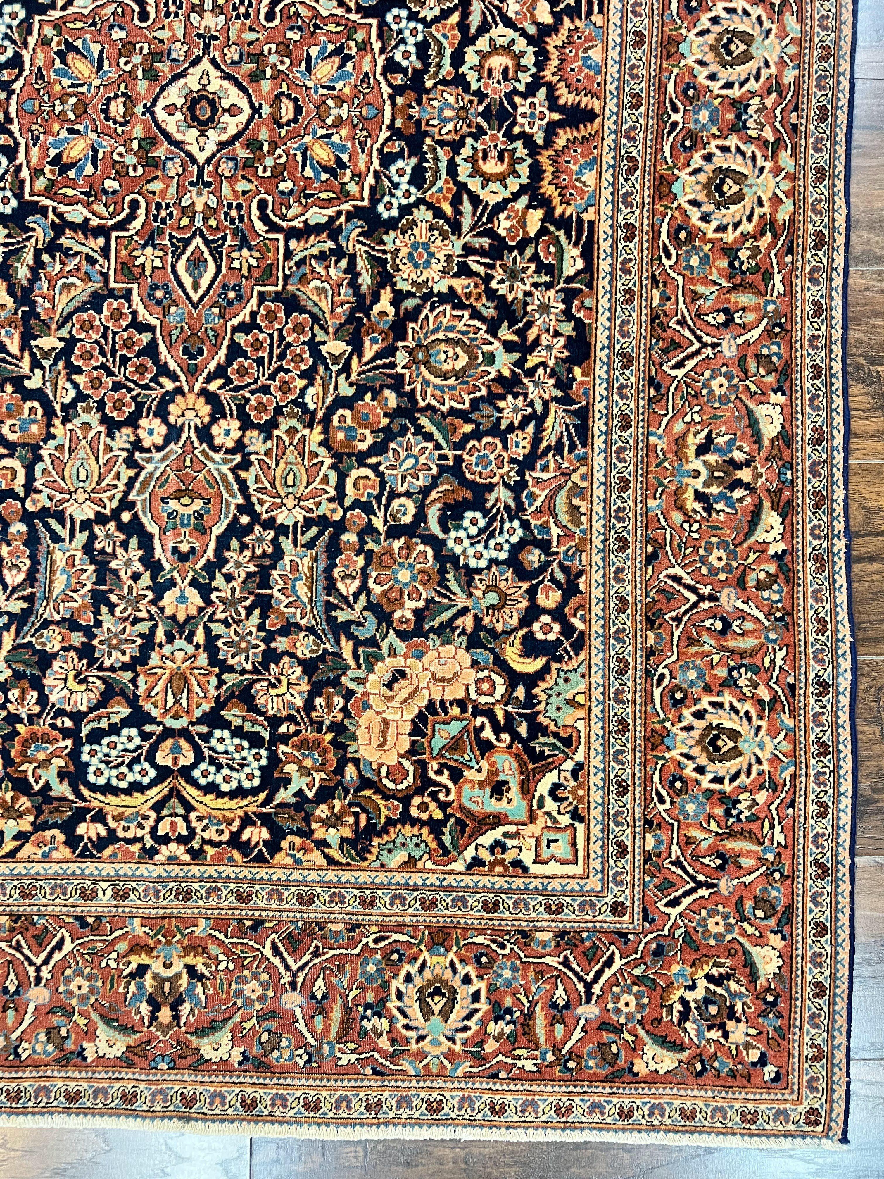 Persian Kashan Rug 4x7, Floral Medallion Vintage Handmade Hand Knotted Navy Blue & Red Wool Oriental Carpet, Highly Detailed Semi Antique Rug - Jewel Rugs