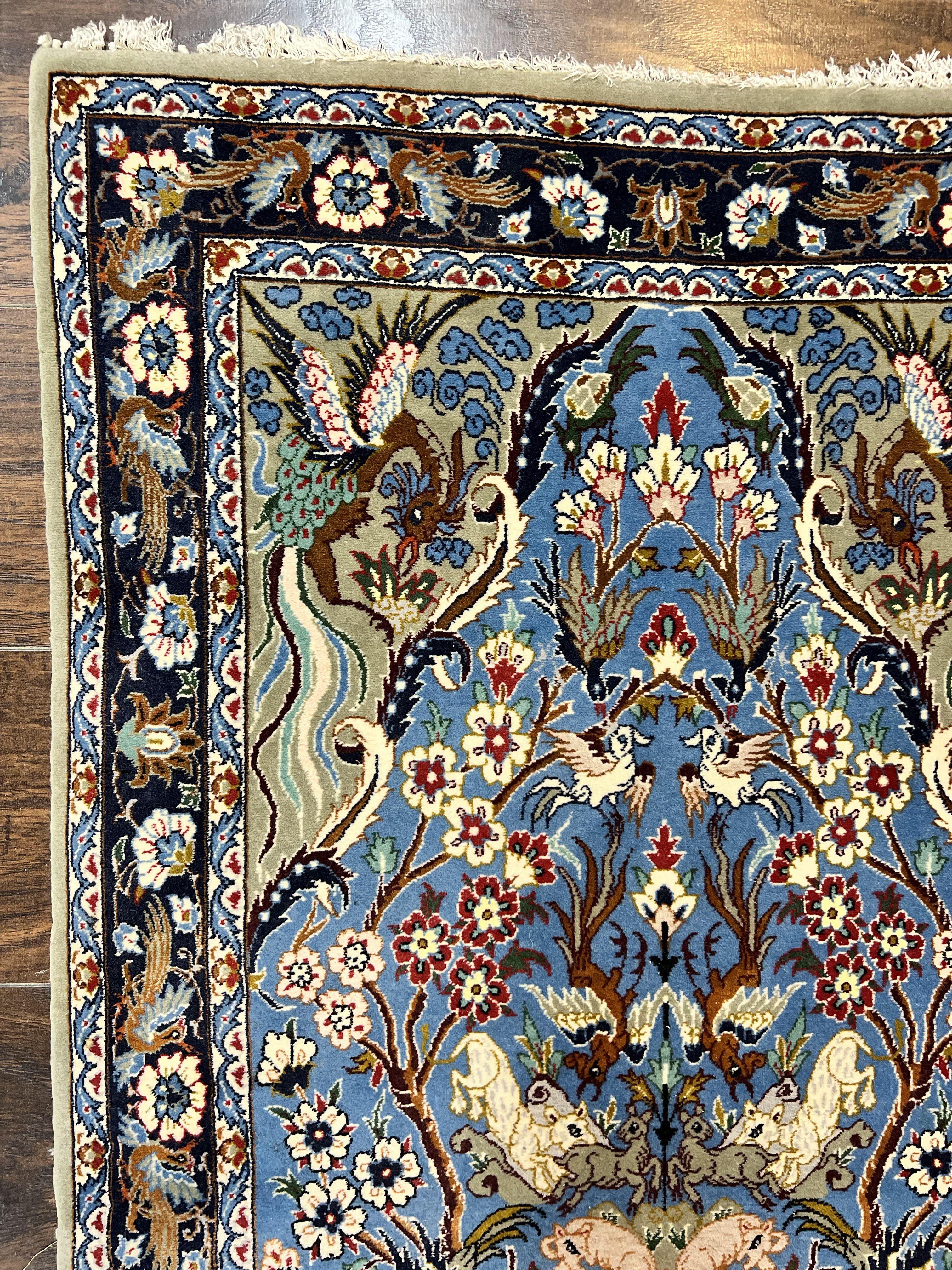 Persian Isfahan Tree of Life Rug 2.5 x 3.8, Animal & Bird Pictorials, Super Fine 500 KSPI, Blue, Handmade, Kork Wool Silk Highlights, Vintage - Jewel Rugs