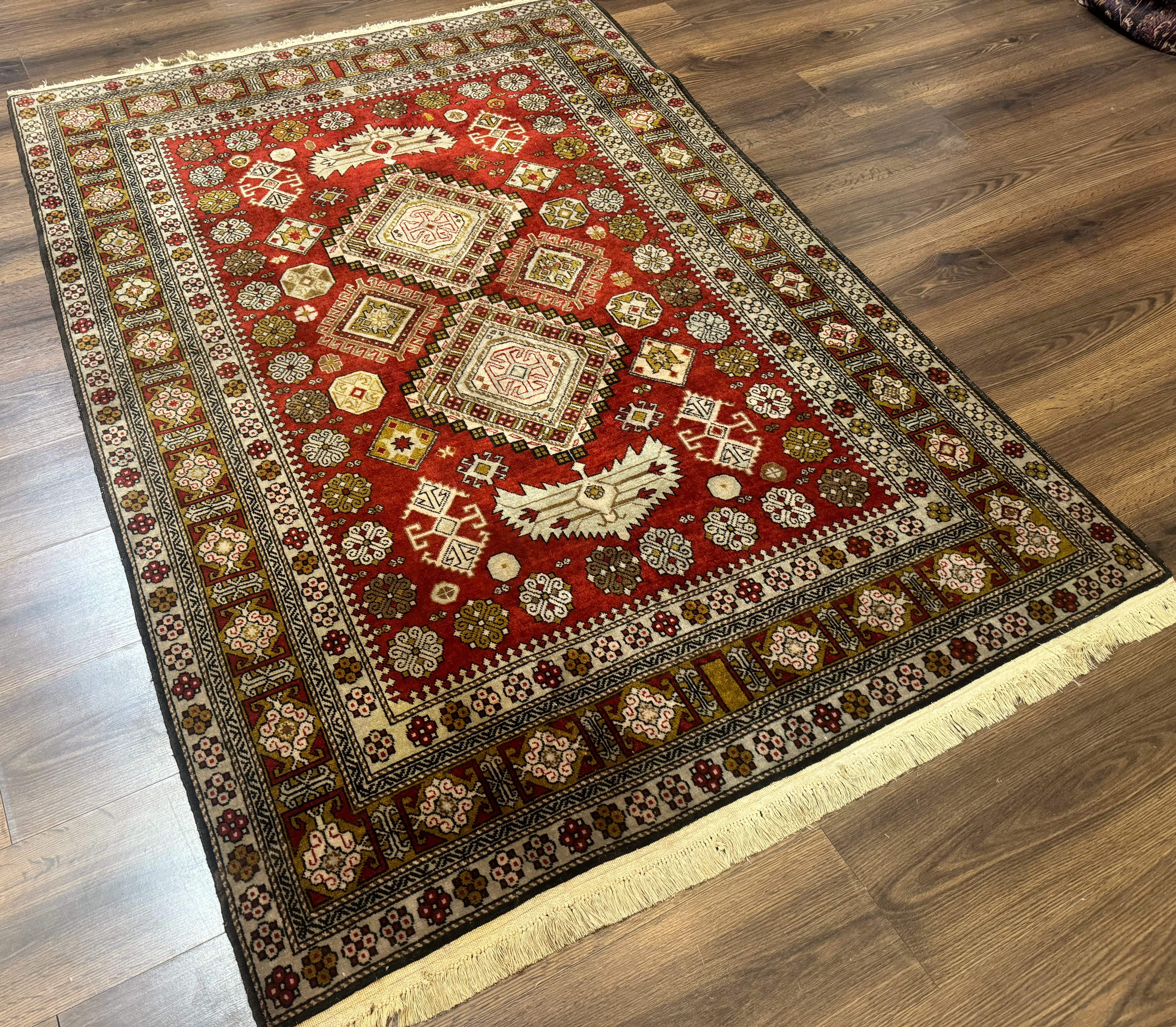 Caucasian Rug 4x6 – Rust Red, Hand-Knotted Wool Shirvan Carpet, Geometric Medallions - Jewel Rugs