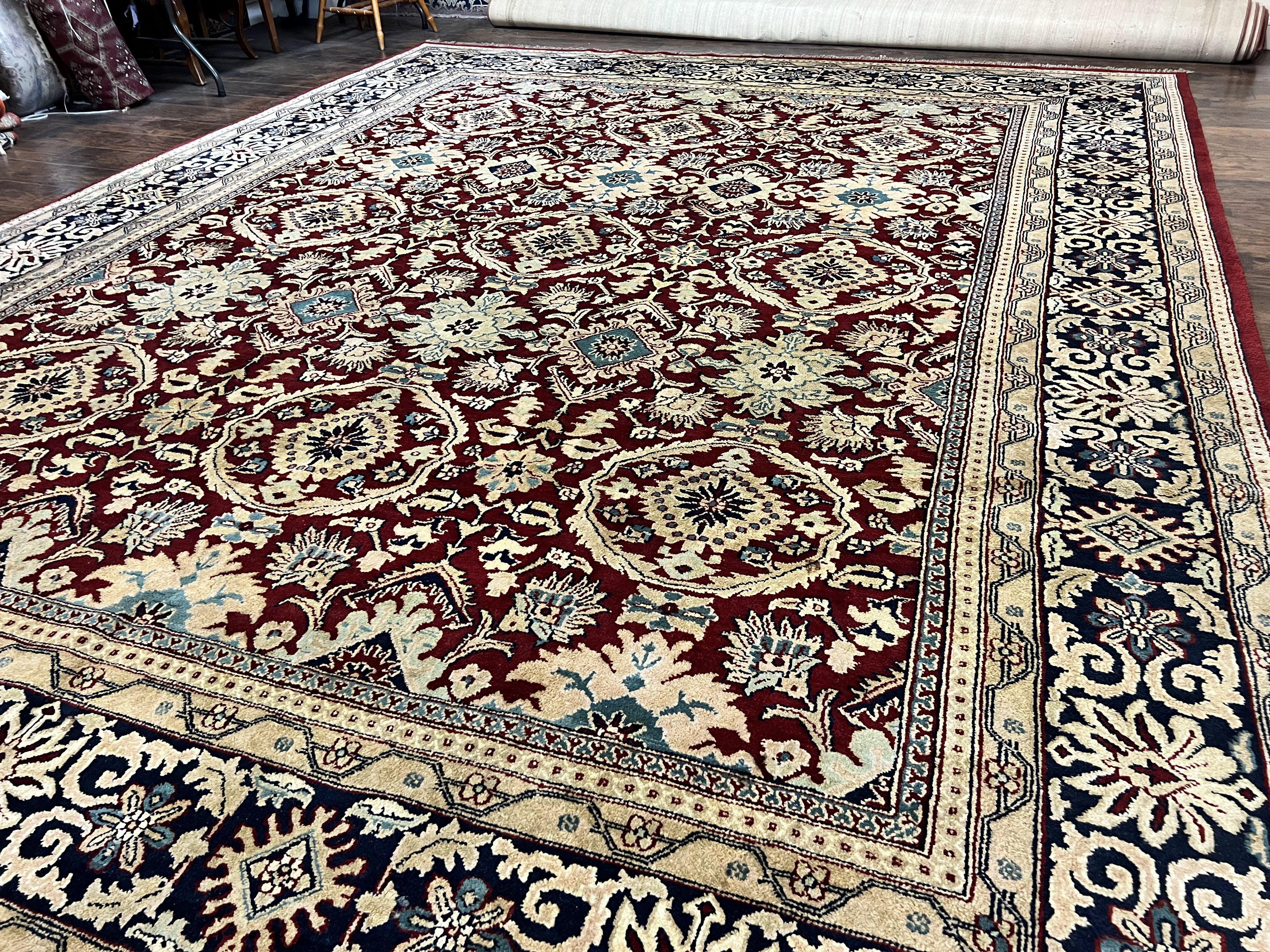 Extra Large Indian Agra Rug 11x15, Floral Allover, Maroon, Hand Knotted Handmade Vintage Oriental Carpet, Palace Sized - Jewel Rugs