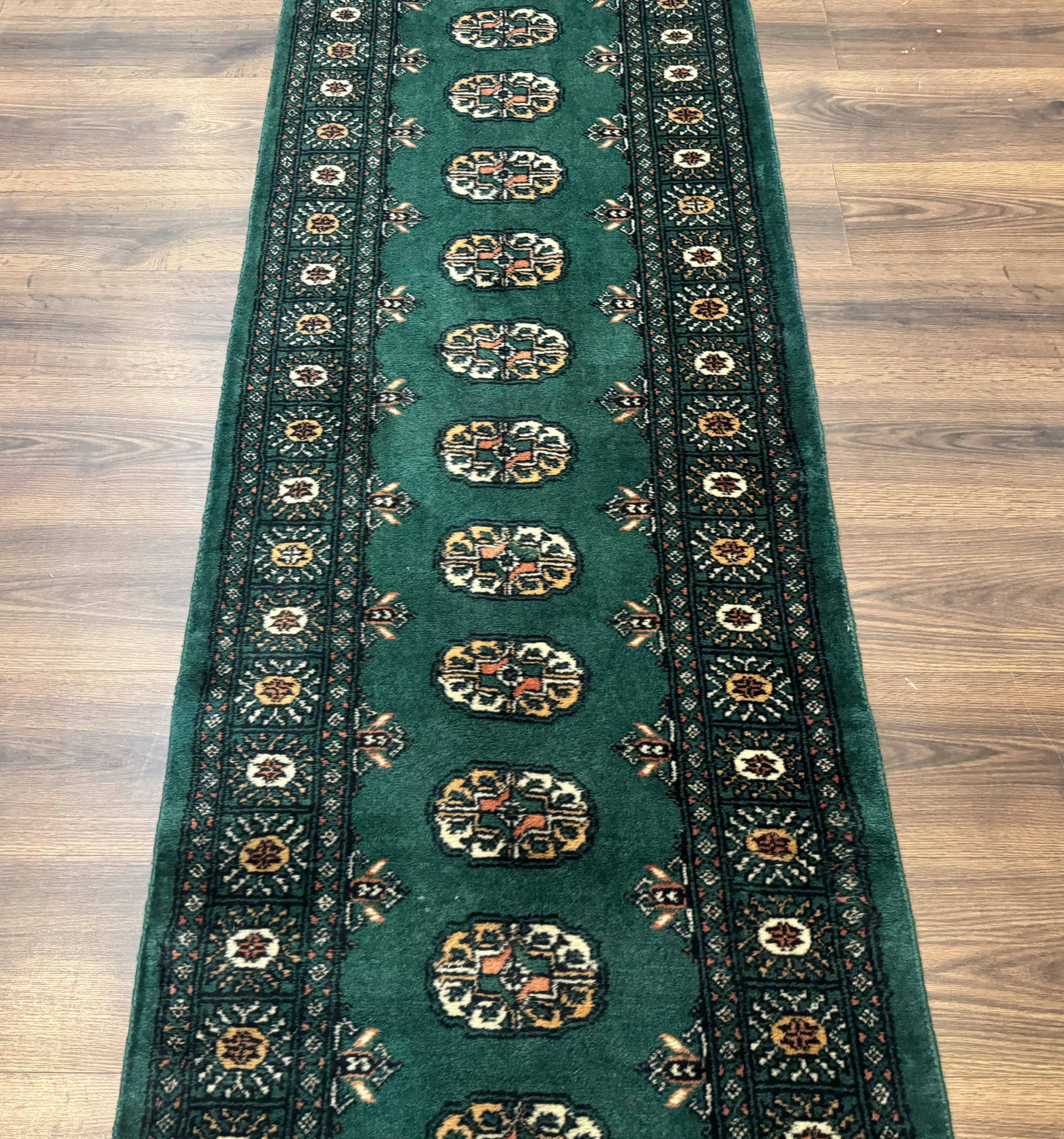 Pakistani Bokhara Runner Rug 2.5 x 11, Green Turkoman Wool Runner for Hallway - Jewel Rugs
