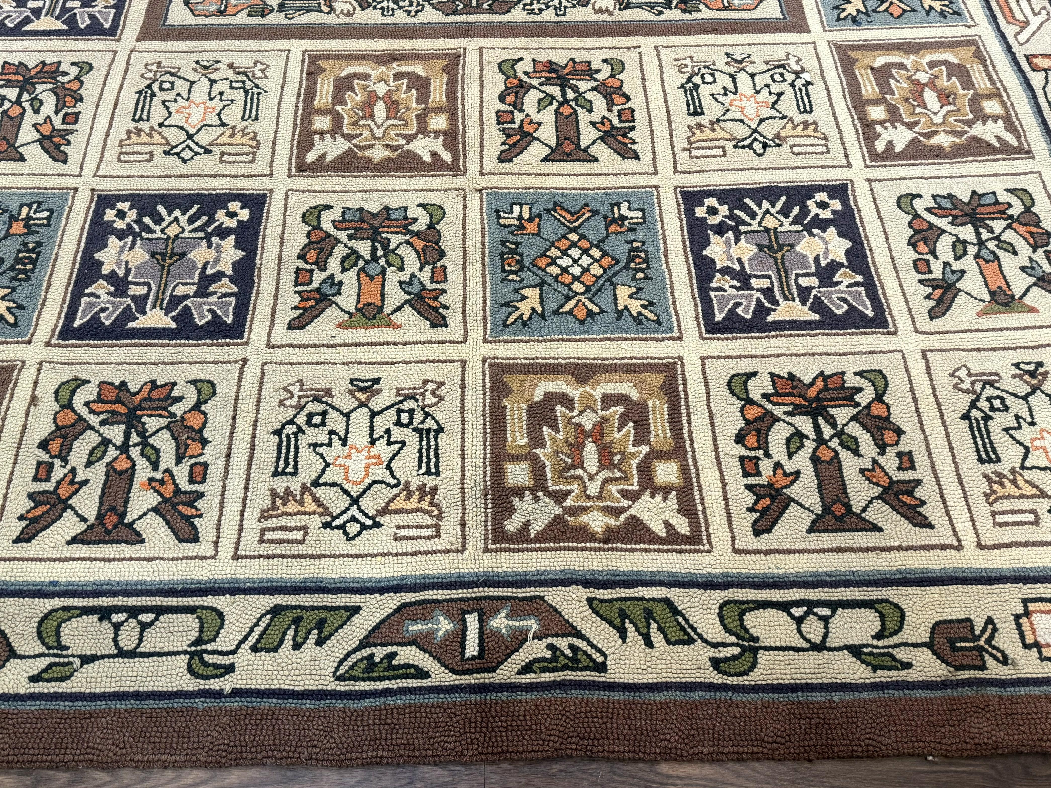 Hooked Rug 8x11, Vintage, American Vintage Hand Hooked Area Rug, Multicolor Panel, Rare - Jewel Rugs