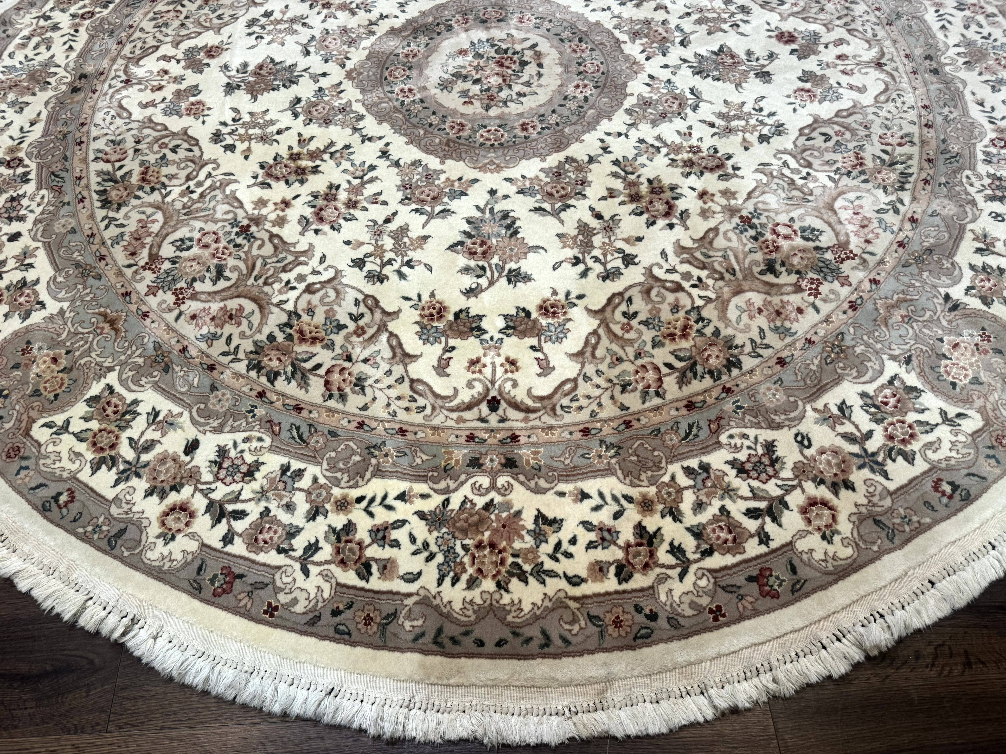 Round Sino Persian Rug 8x8 ft, Wool and Silk, Fine 200 KPSI, Ivory - Jewel Rugs