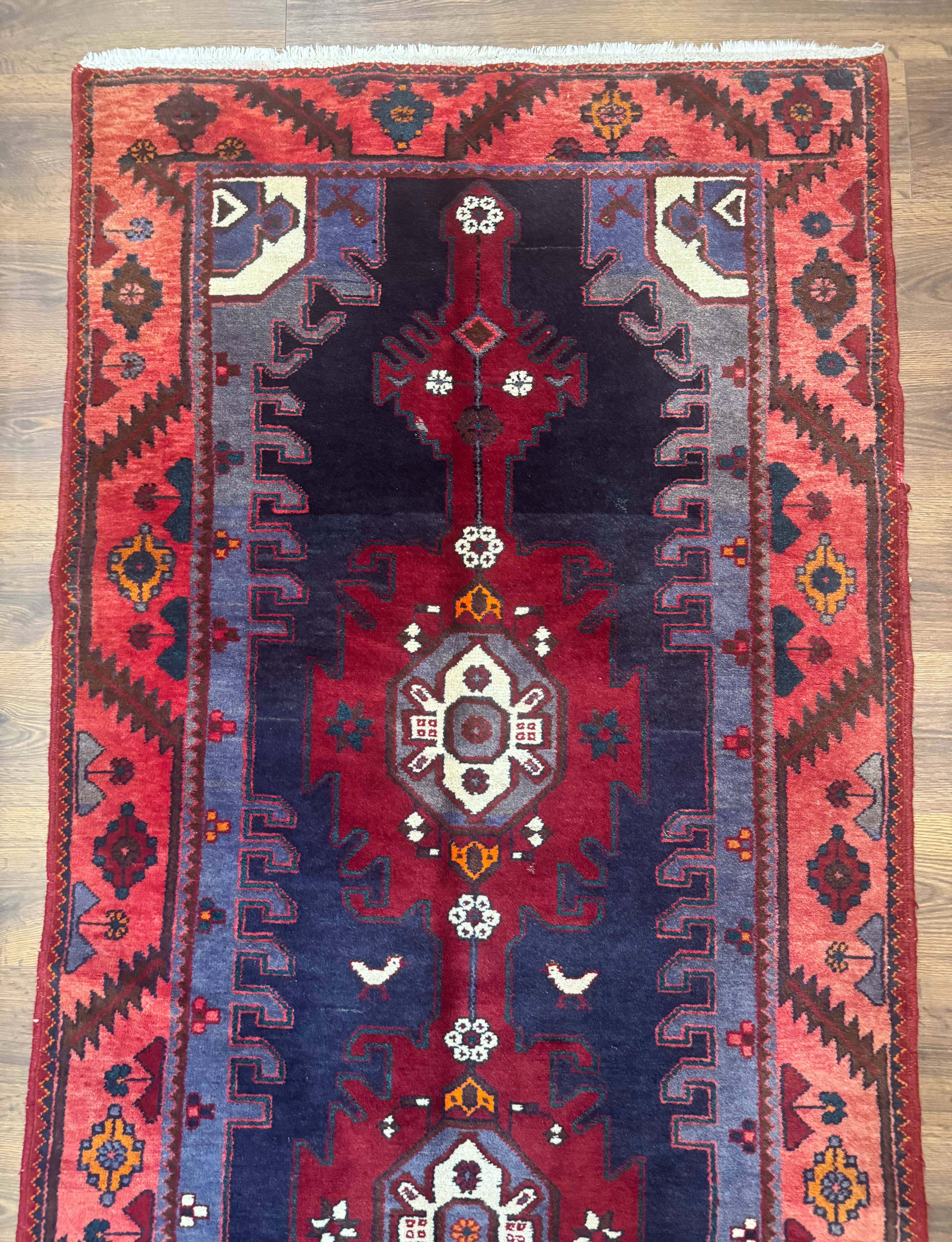 Persian Karajeh Runner Rug 3.6 x 9.5, Geometric Medallions, Tribal Village Rug, Navy Blue, Handmade - Jewel Rugs