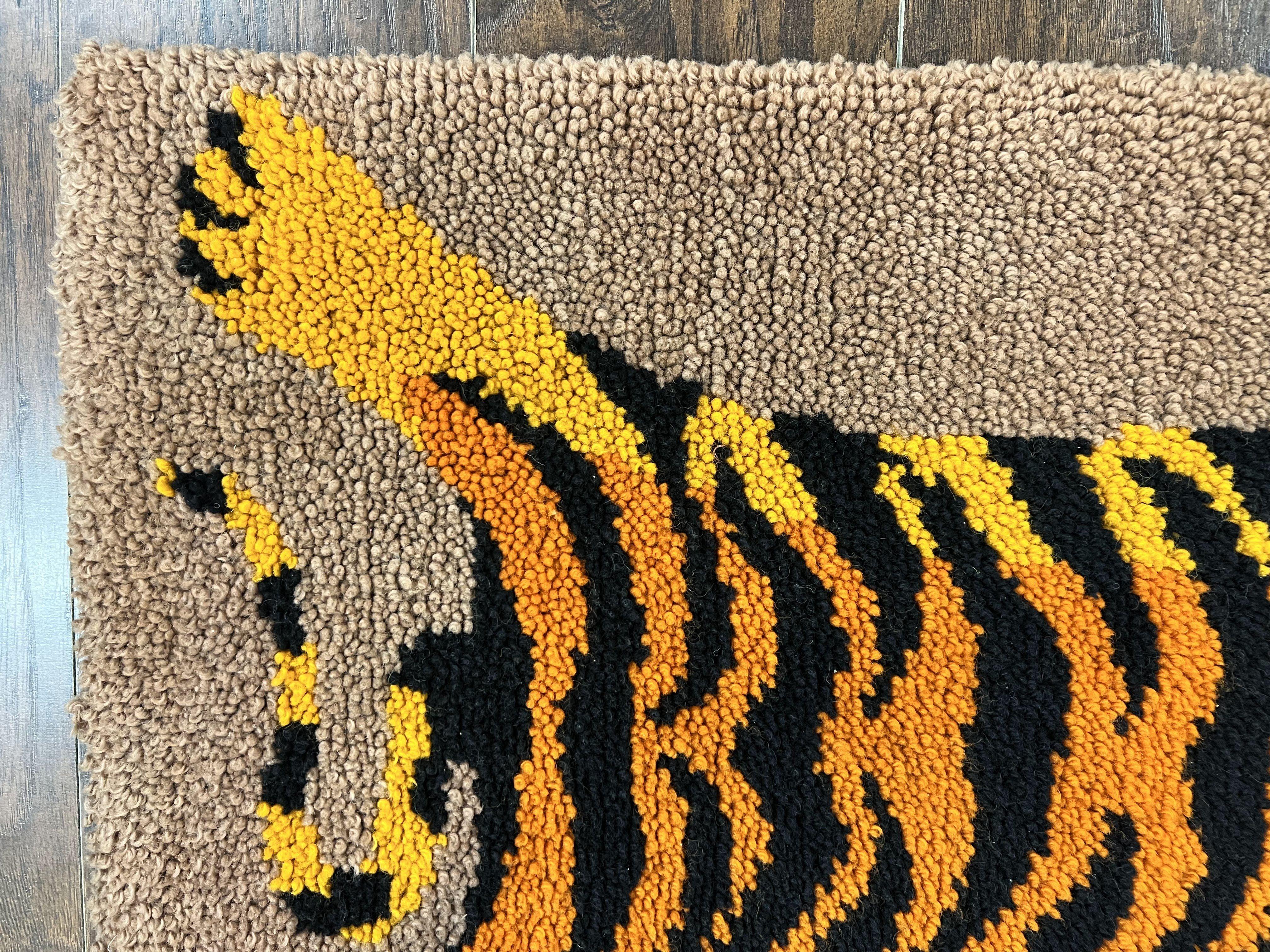 Small Hooked Rug 2x3, Tibetan Tiger Design, Wool, Unique Hooked Rug, Vintage - Jewel Rugs