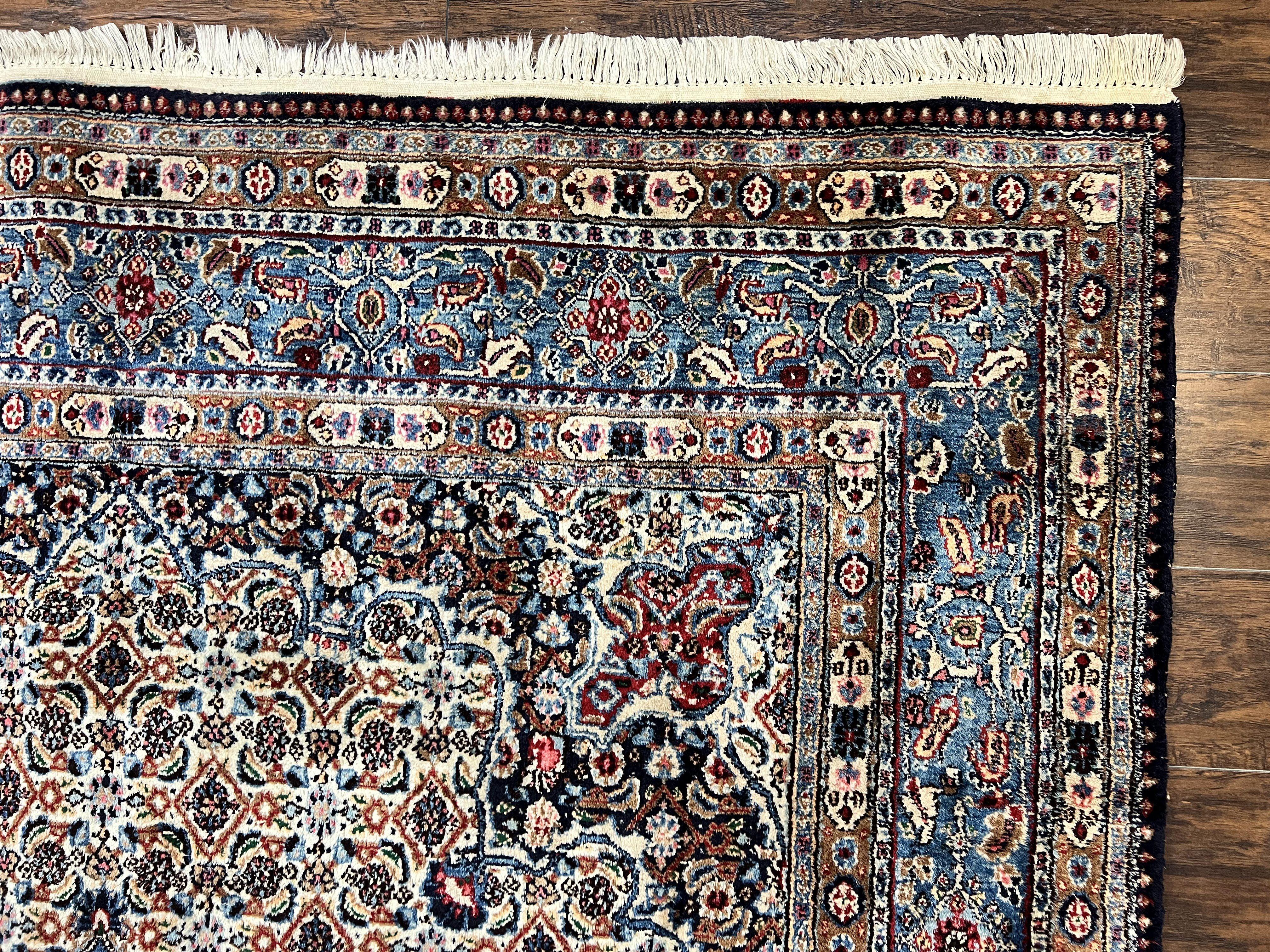 Persian Mashad Rug 7x10, Floral Medallion, Wool Hand Knotted Vintage Oriental Carpet, Blue & Ivory, Traditional Room Sized Rug - Jewel Rugs