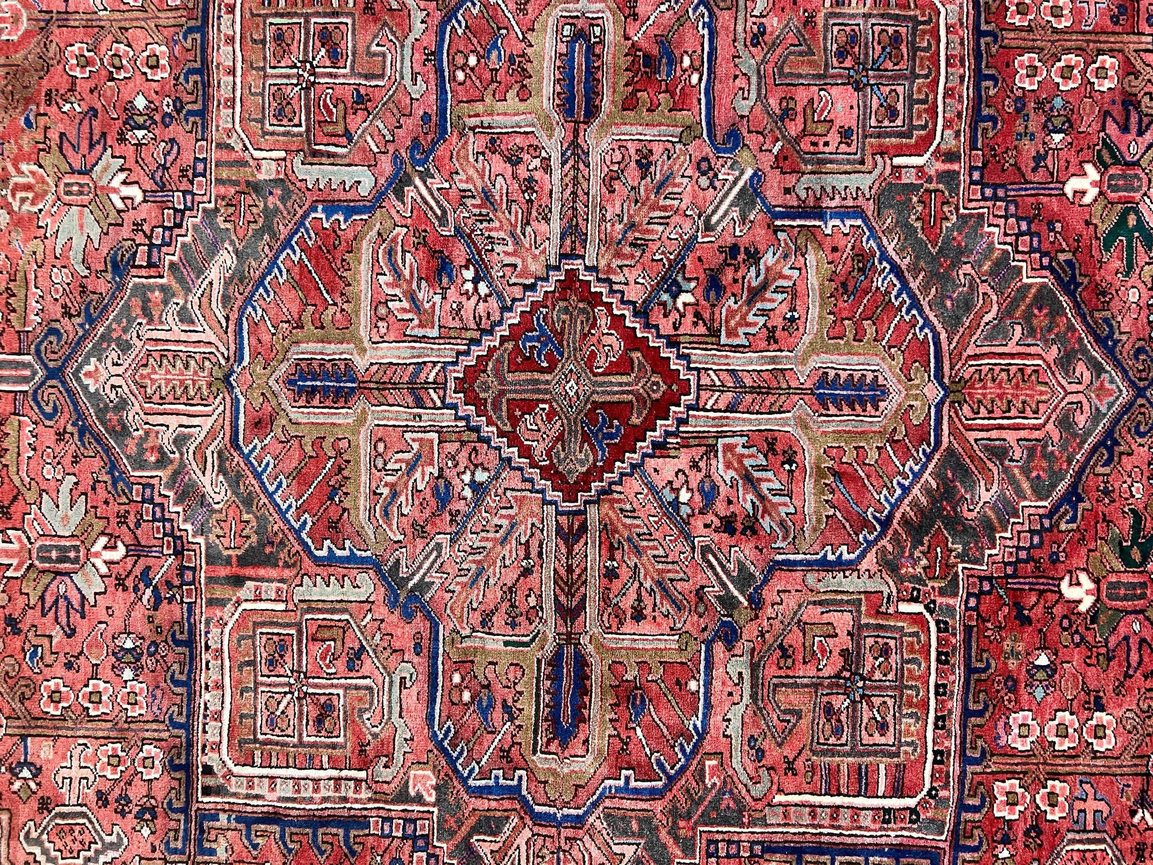 Persian Heriz Rug 10x13, Wool Hand Knotted Antique Carpet, Red Ivory, Geometric Rug 10 x 13 - Jewel Rugs