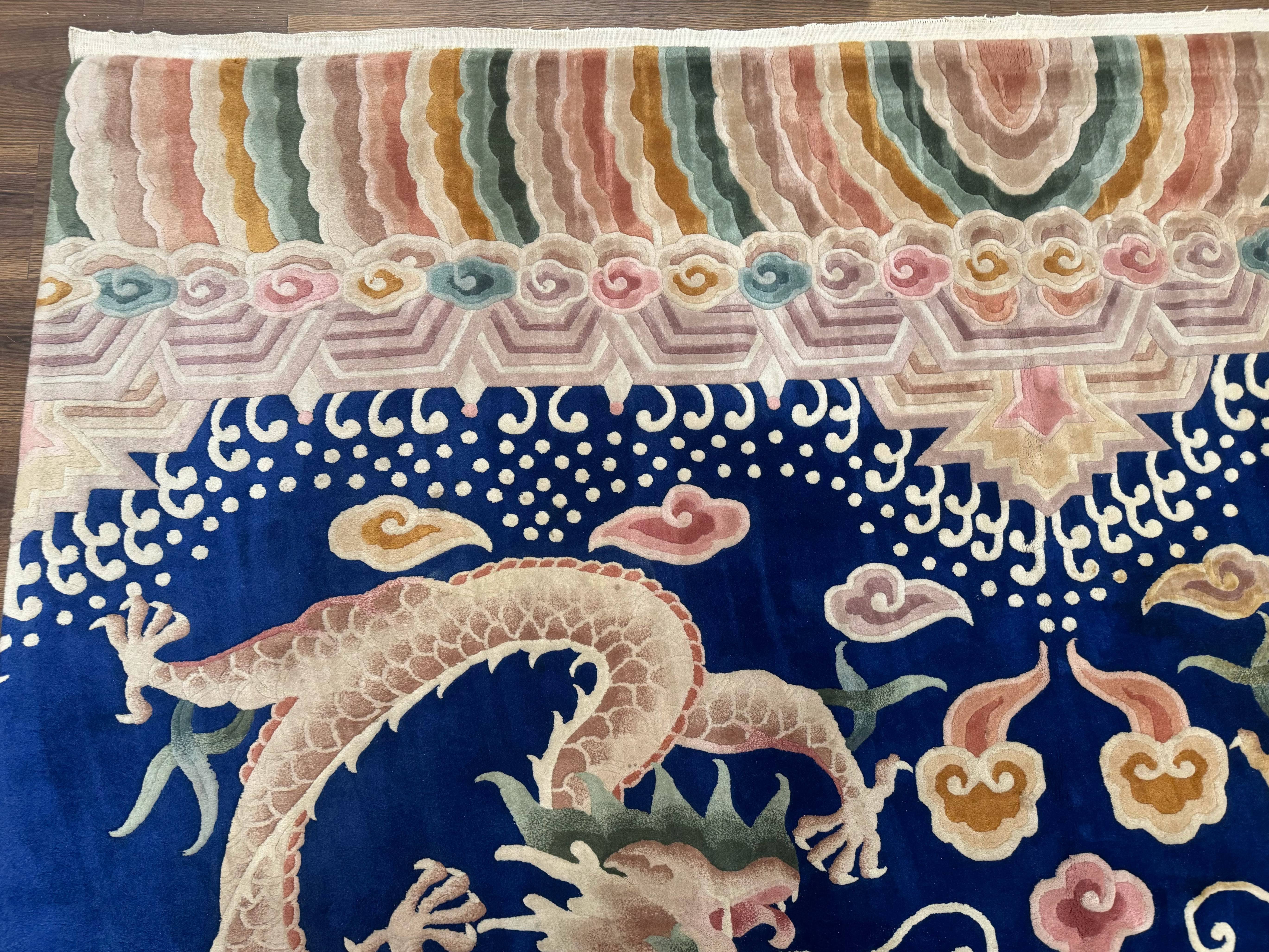 Blue Chinese Rug 9x12, Dragons, Rainbow Border, Art Deco Carpet, Peking Rug, Rare - Jewel Rugs