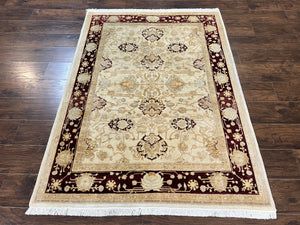 Peshawar Rug 5x7, Beige and Maroon, Vintage Handmade Wool Traditional Carpet 5 x 7 ft, Pakistani Rug, Agra Pattern, Very Fine 260 KPSI