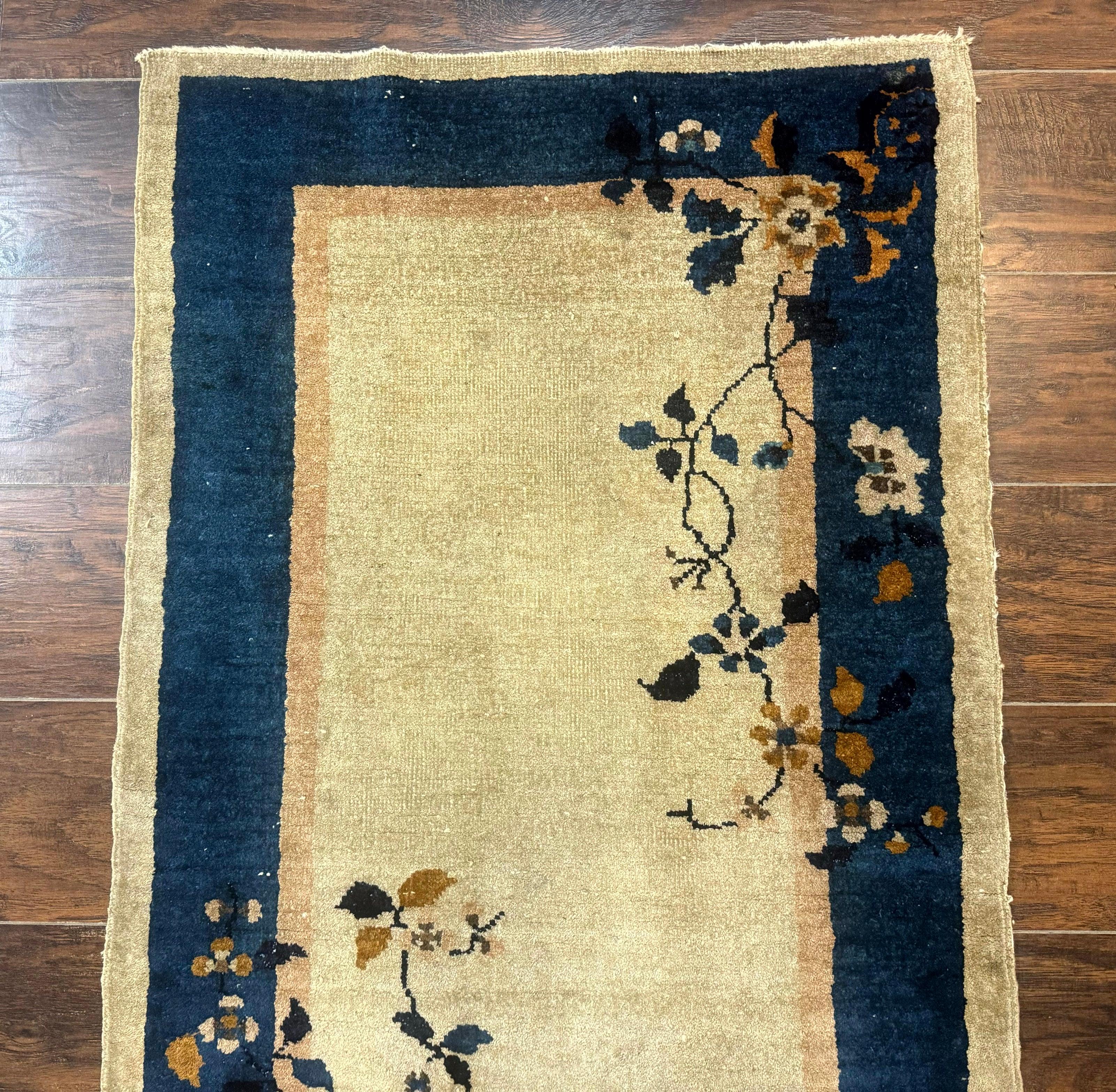 Antique Chinese Wool Rug 2.7 x 5, Simple Design, Peking Carpet, 1920s Rug, Beige and Blue, Floral - Jewel Rugs