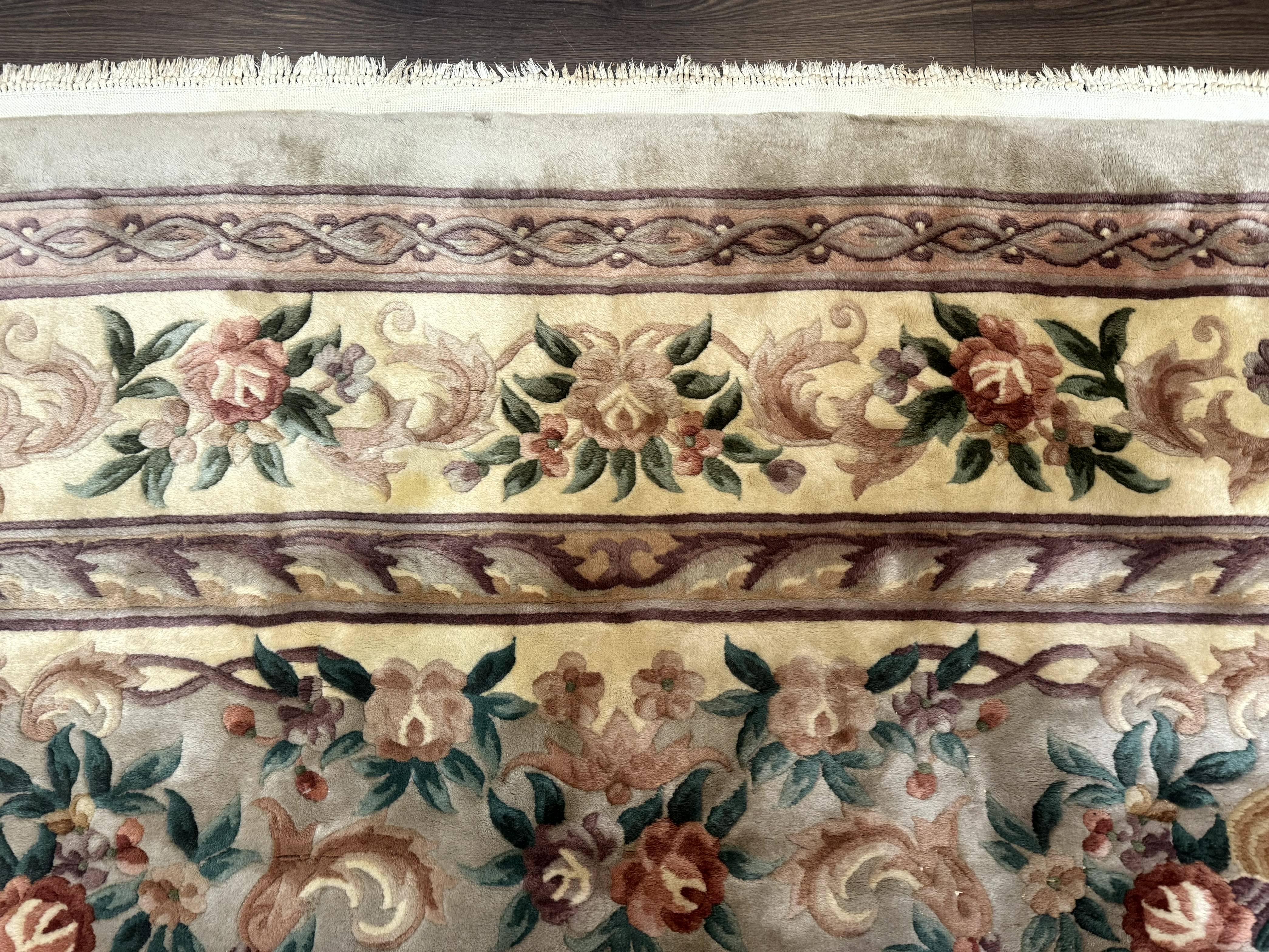 Chinese Aubusson Rug 10x14, Soft Thick Wool Pile, Gray and Beige, Floral, Vintage 1960s Chinese Wool Rug - Jewel Rugs