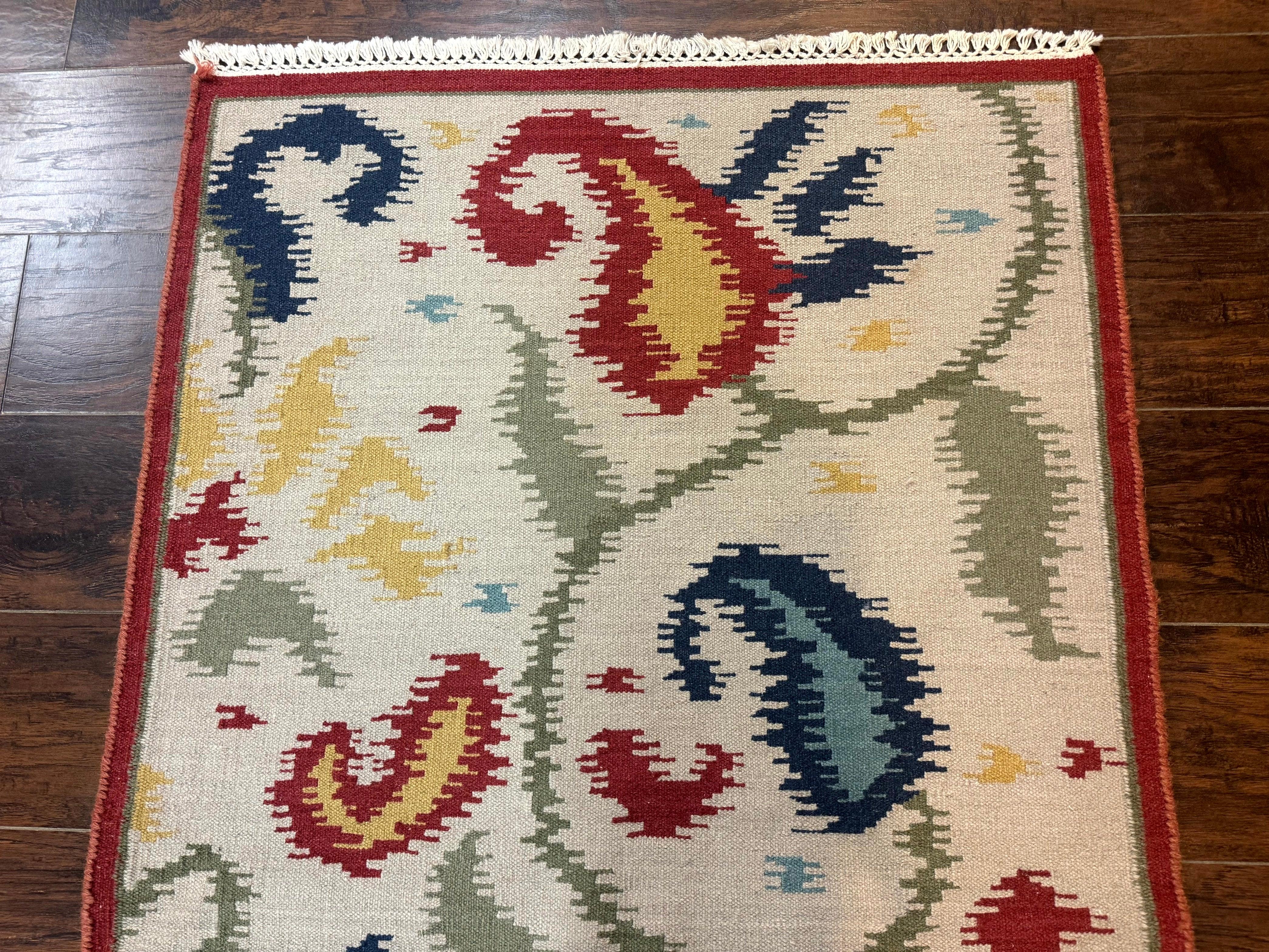 Indian Kilim Flatweave Rug 3x5, Abstract, Beige and Multicolor Flowers, Handmade - Jewel Rugs