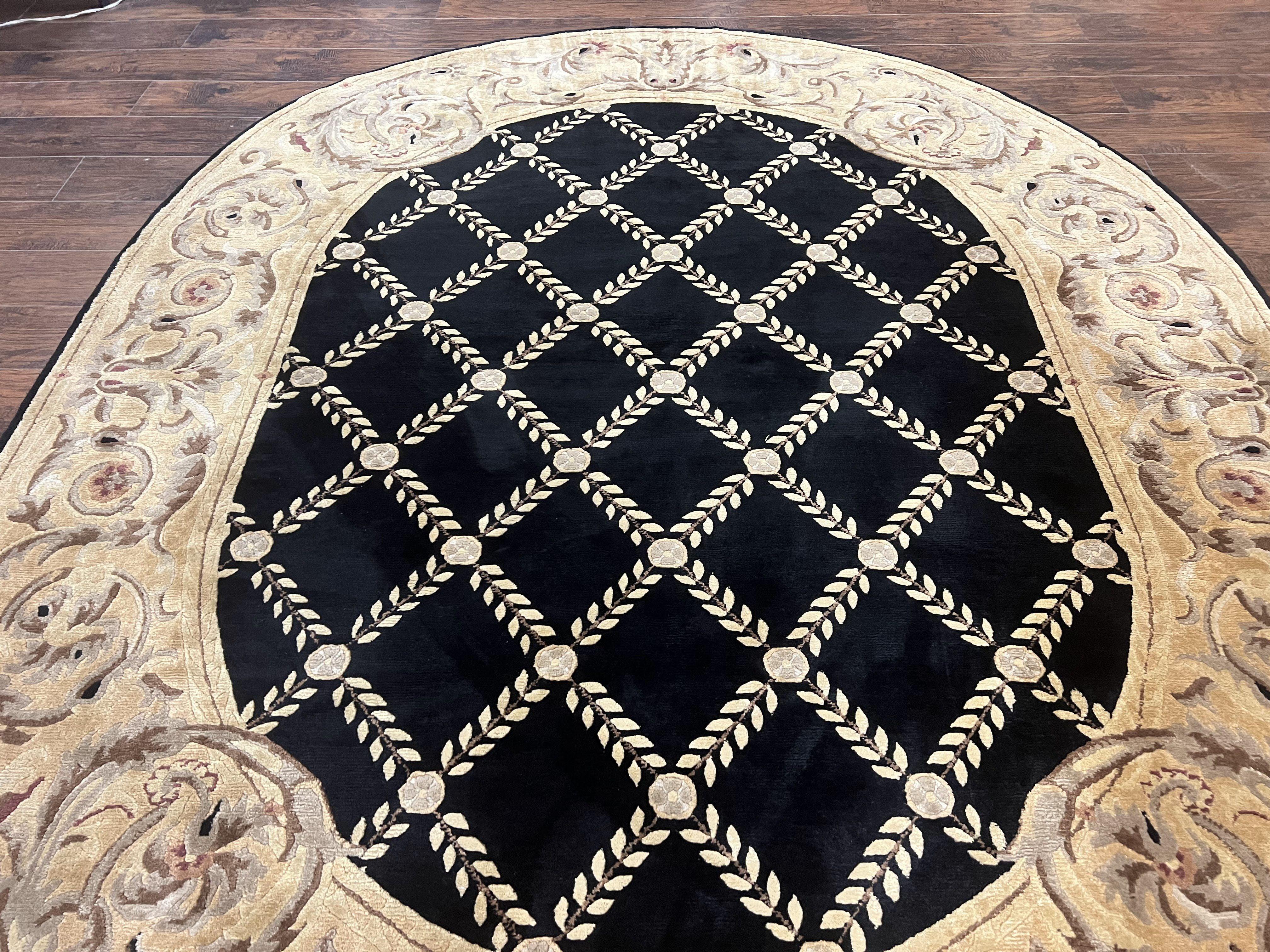 Oval Tibetan Rug 8x10, French Aubusson Design, Wool Handmade Vintage Carpet, Black & Beige, Soft Wool Pile - Jewel Rugs