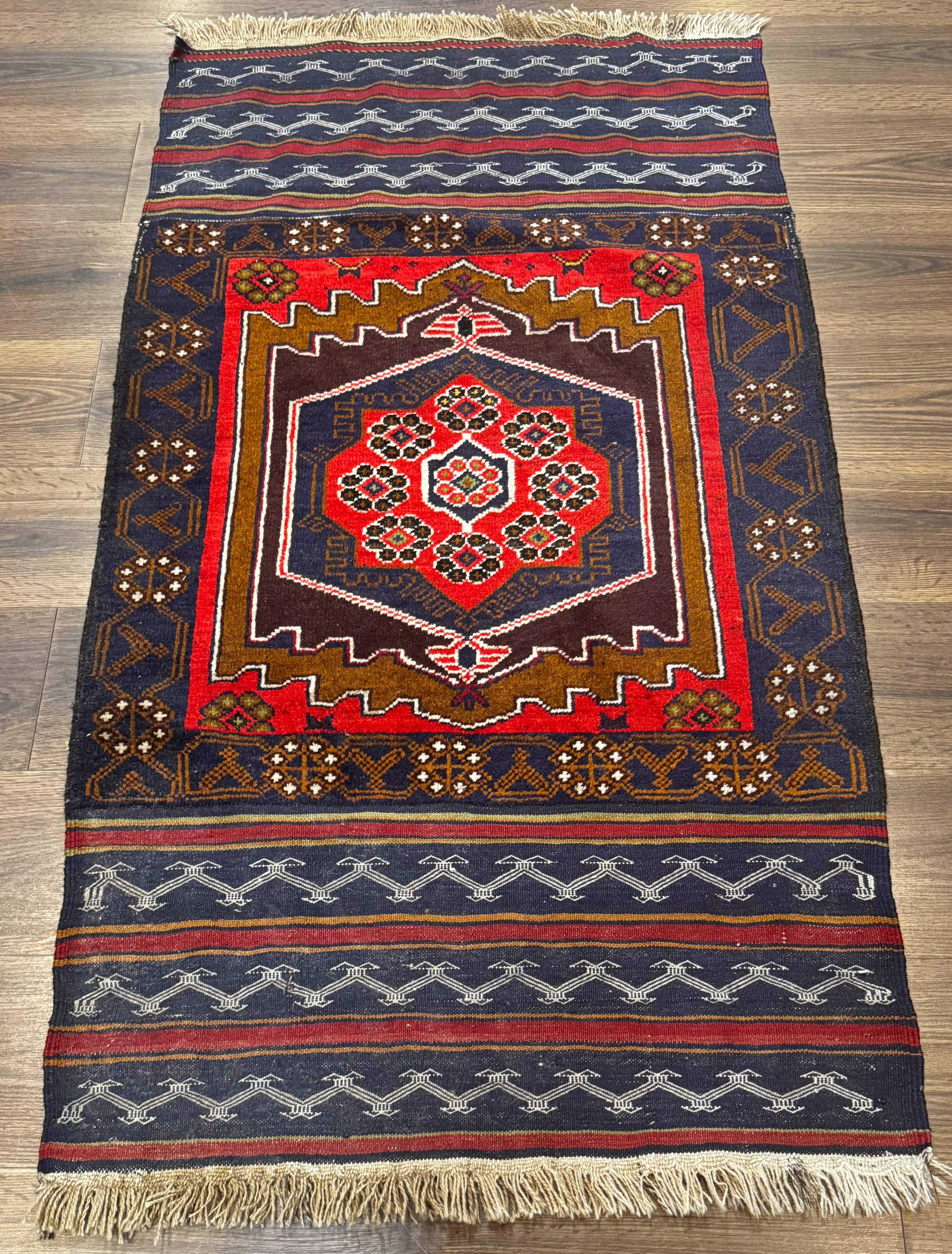 Afghan Rug 3x5, Tribal, Navy Blue, Wool, Handmade, Geometric, Rustic - Jewel Rugs