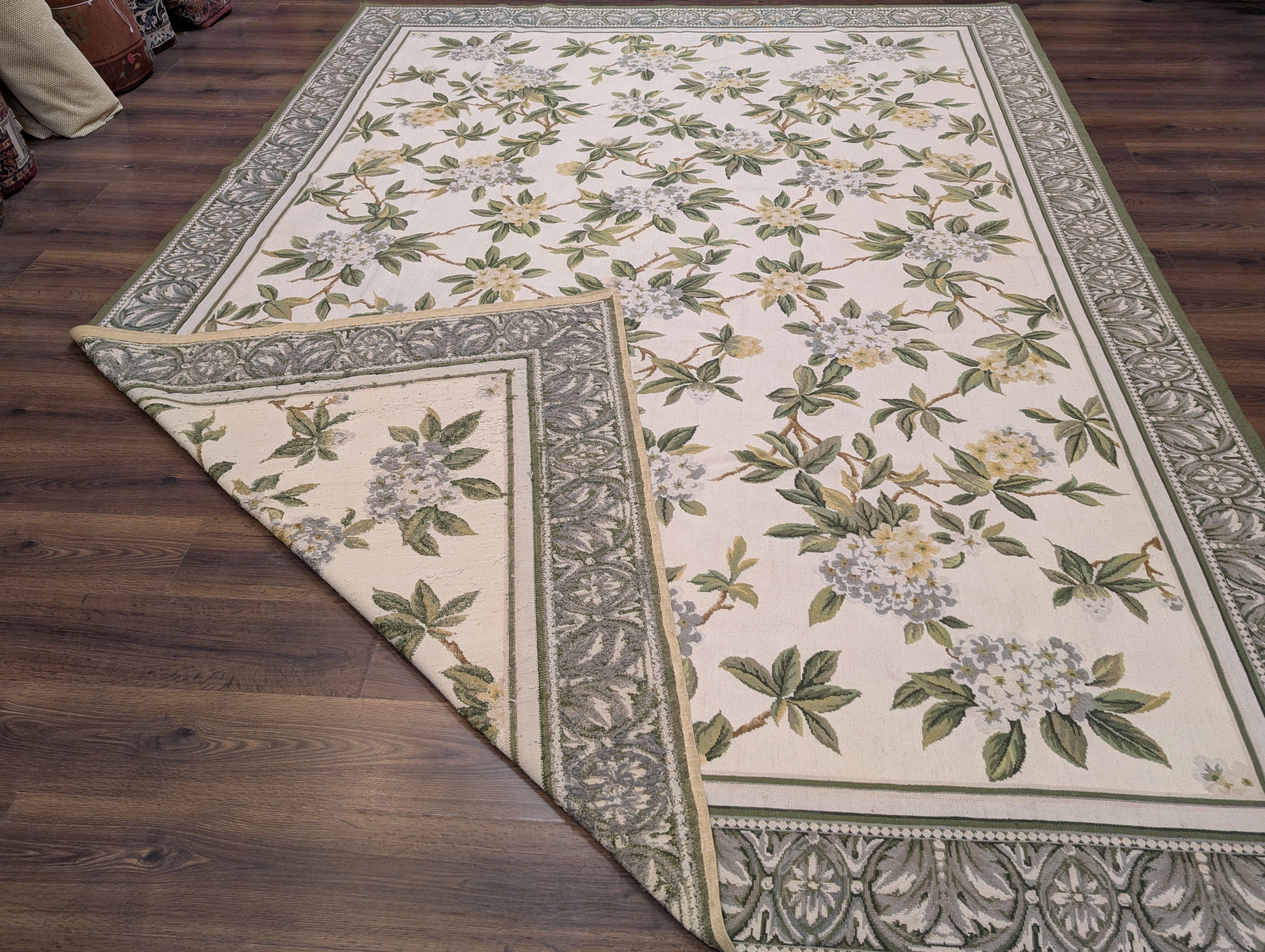 Needlepoint Rug 9x12, Floral, Ivory and Green, Wool - Jewel Rugs
