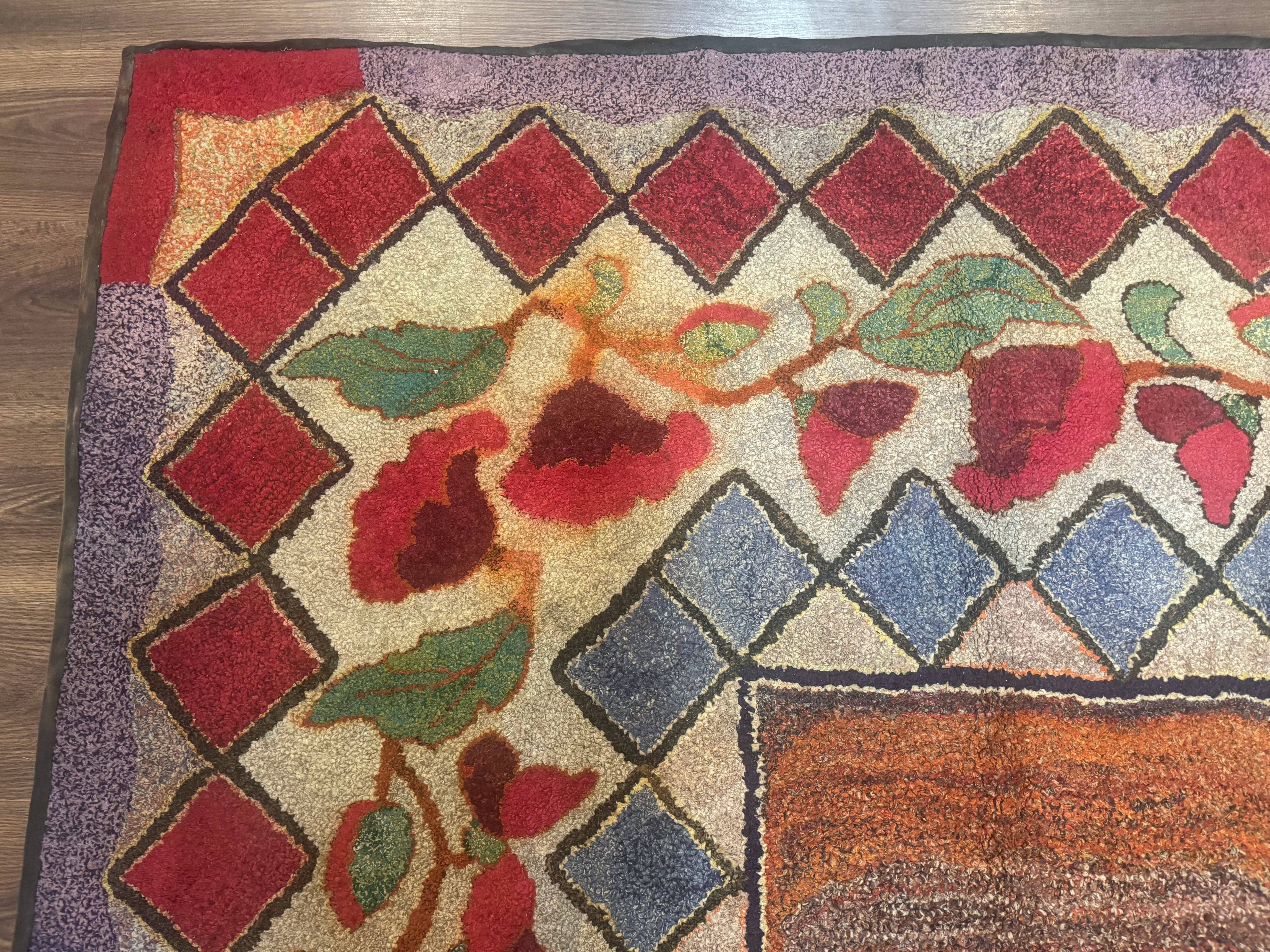 Vintage American Hooked Rug 6x7, Unique Colors, Red Lavender Cream, Abstract - Jewel Rugs