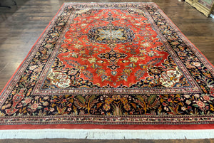 Indo Persian Rug 7x10, Vintage Handmade Wool Carpet, Floral Medallion Traditional Rug, Red and Midnight Blue