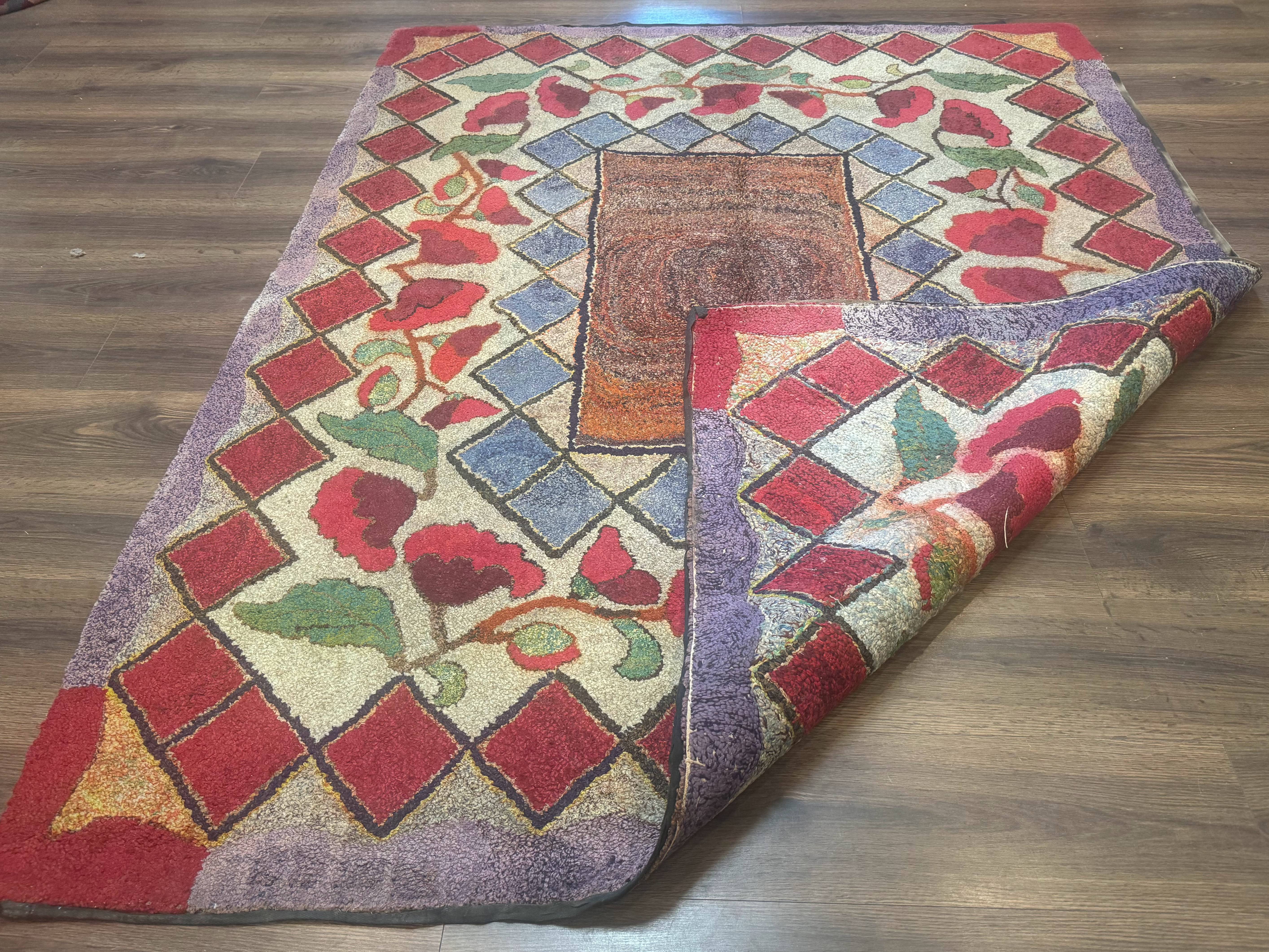Vintage American Hooked Rug 6x7, Unique Colors, Red Lavender Cream, Abstract - Jewel Rugs