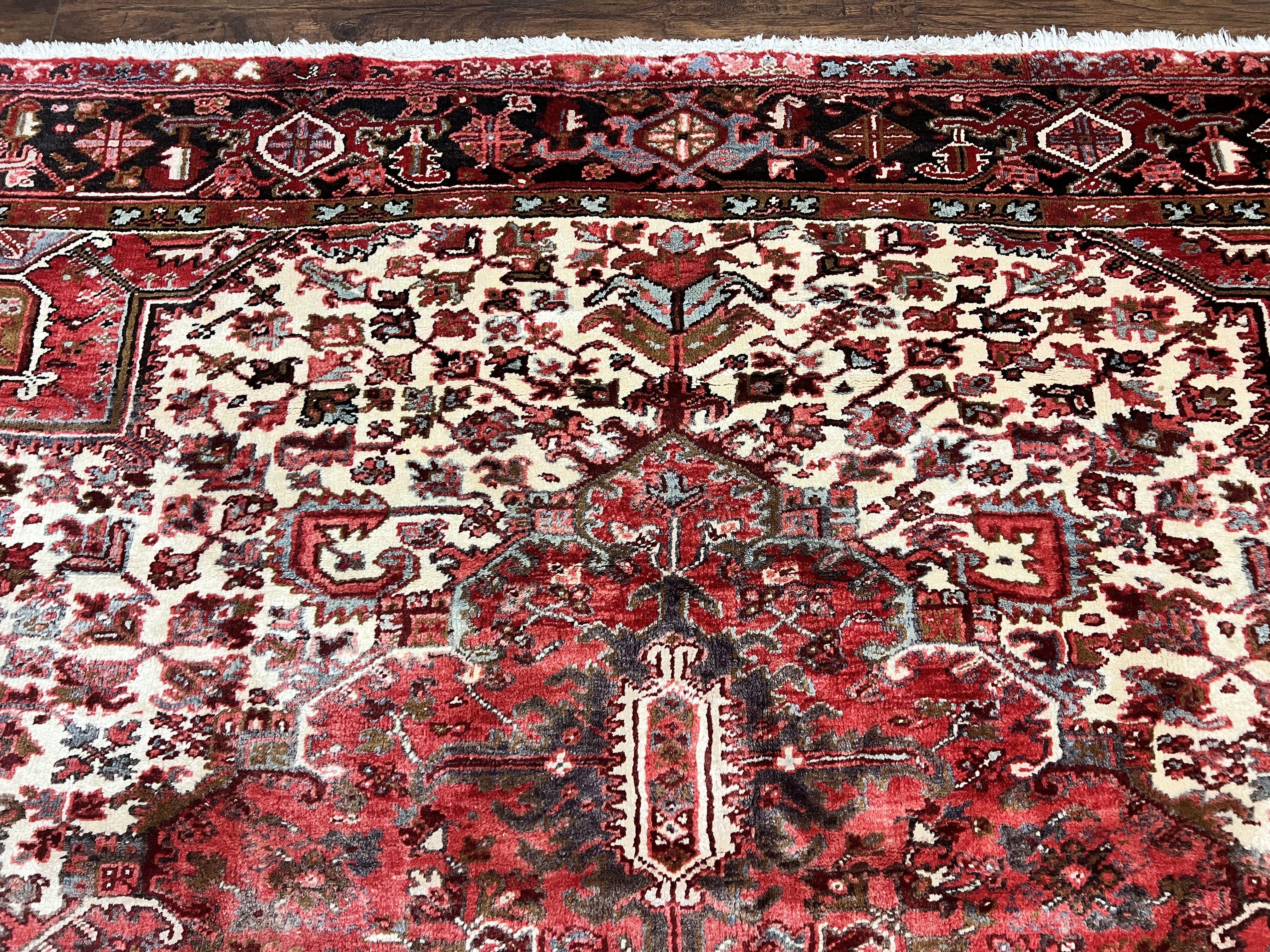 Large Persian Heriz Rug 10x13, Red and Cream Geometric Tribal Room Sized Handmade Wool Hand Knotted Semi Antique Decorative Oriental Carpet - Jewel Rugs