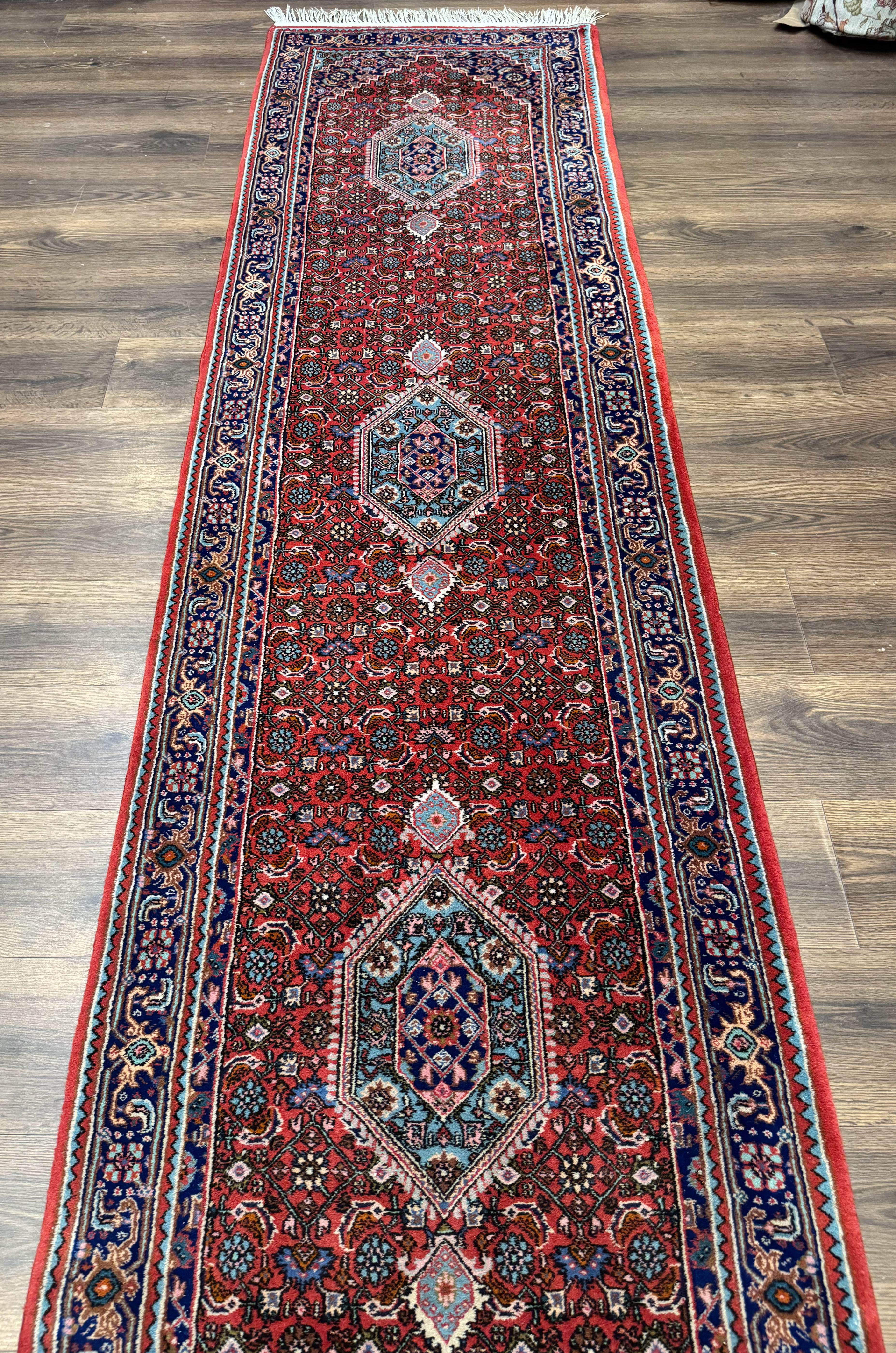 Indo Persian Bidjar Runner Rug 3 x 18.6, Red Navy Blue, Long Runner, Wool Oriental Carpet - Jewel Rugs
