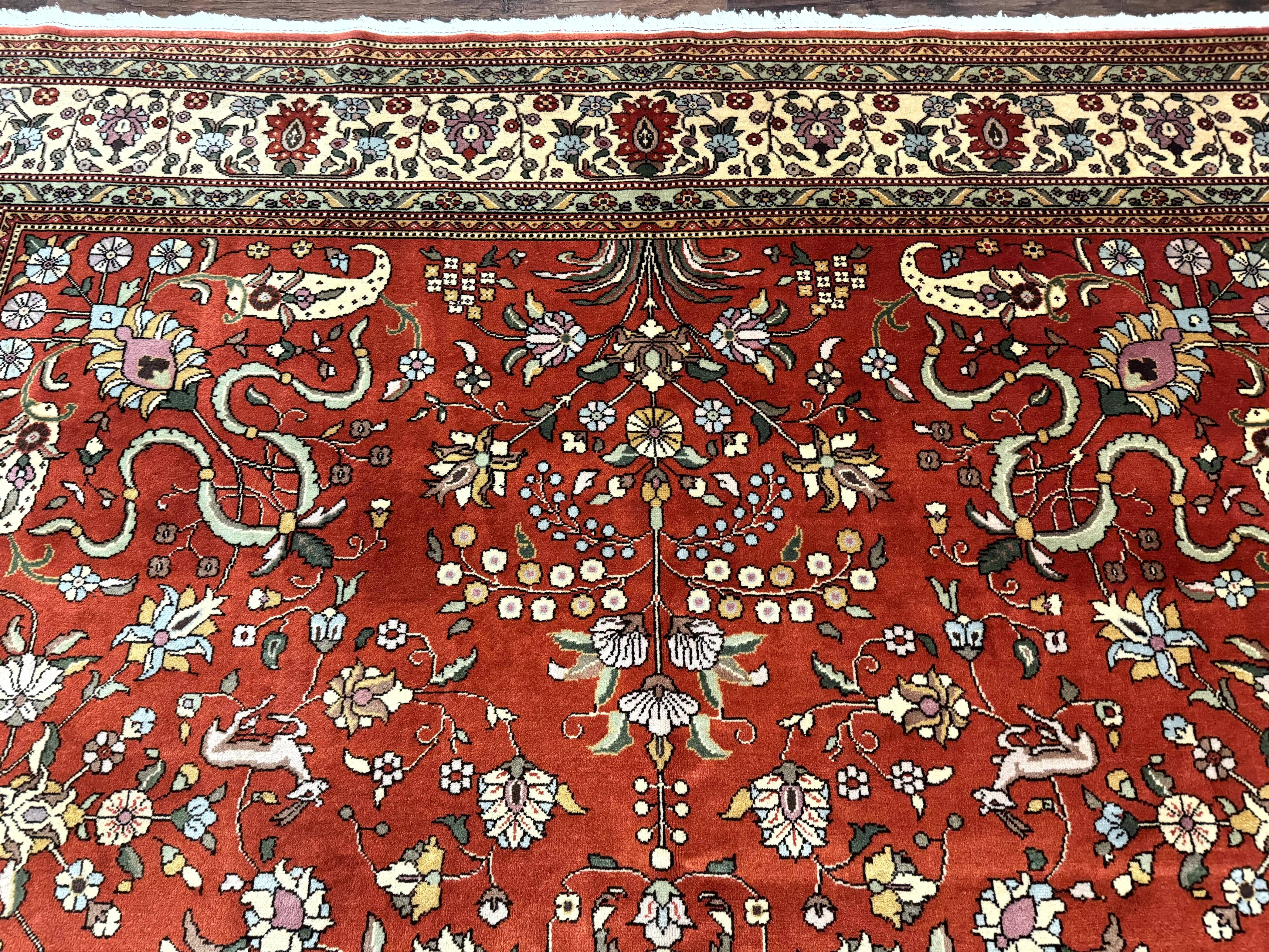 Romanian Rug 10x13, Vintage Handmade Wool Carpet, Floral Pattern, Birds, Red and Cream, Signed By Masterweaver, Persian Rug - Jewel Rugs
