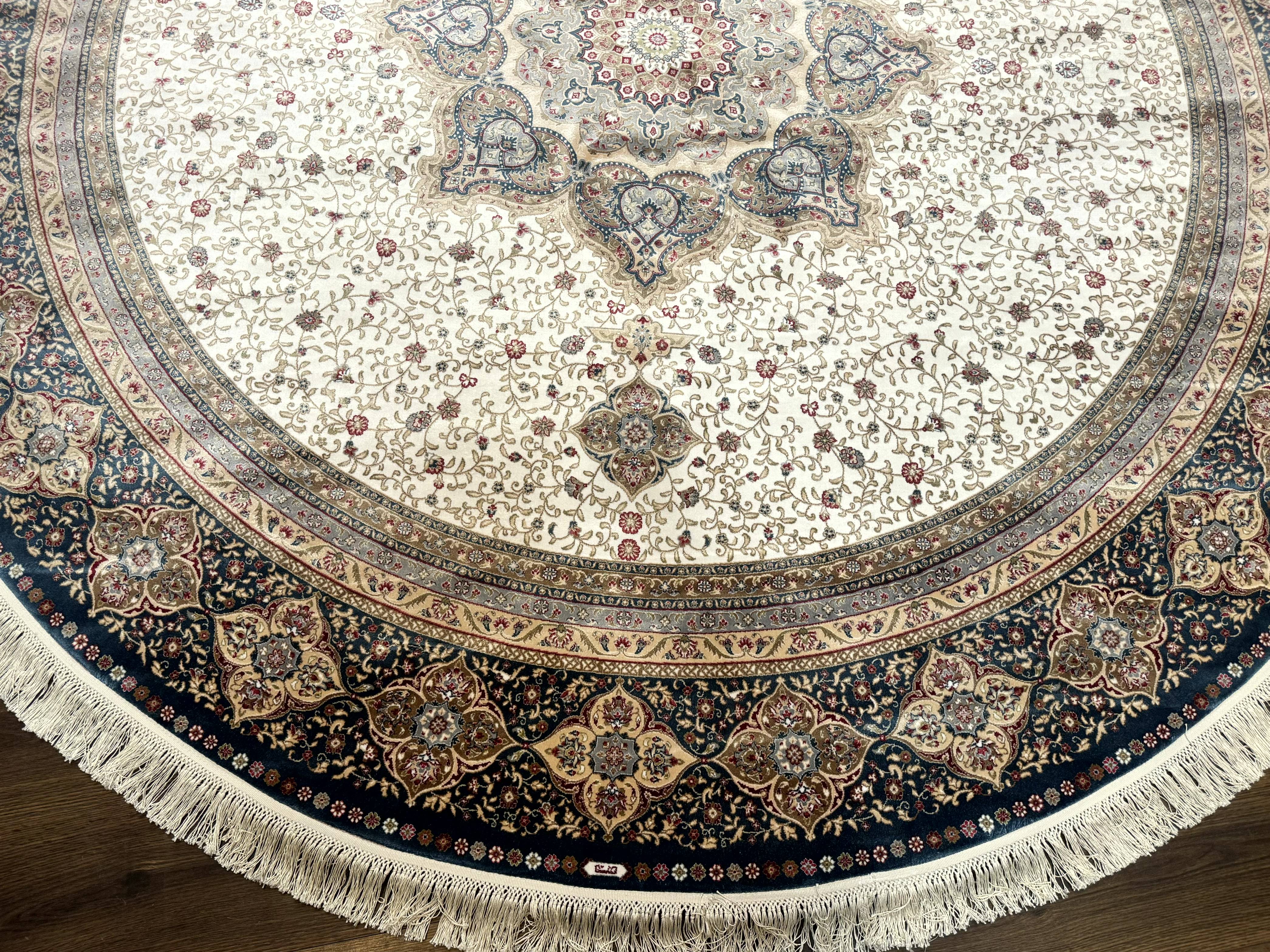 Large Turkish Round Silk Rug 8x8 ft, Floral Medallion, Ivory & Navy Blue, Bamboo Silk, New - Jewel Rugs
