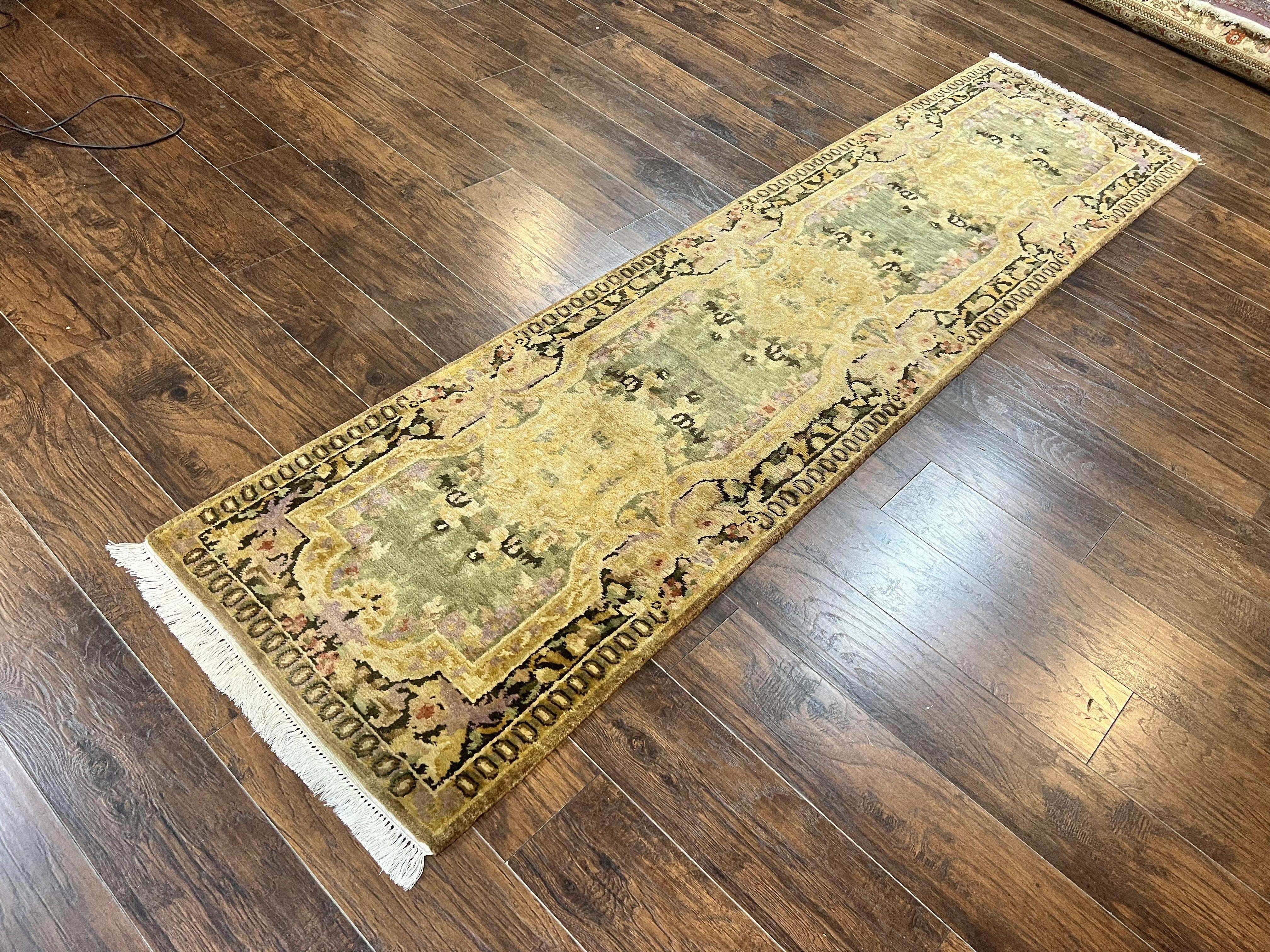 Tibetan Runner Rug 2.6 x 10, French Aubusson Pattern, Gold Olive Green, Vintage Handmade European Design, Wool Hallway Rug - Jewel Rugs