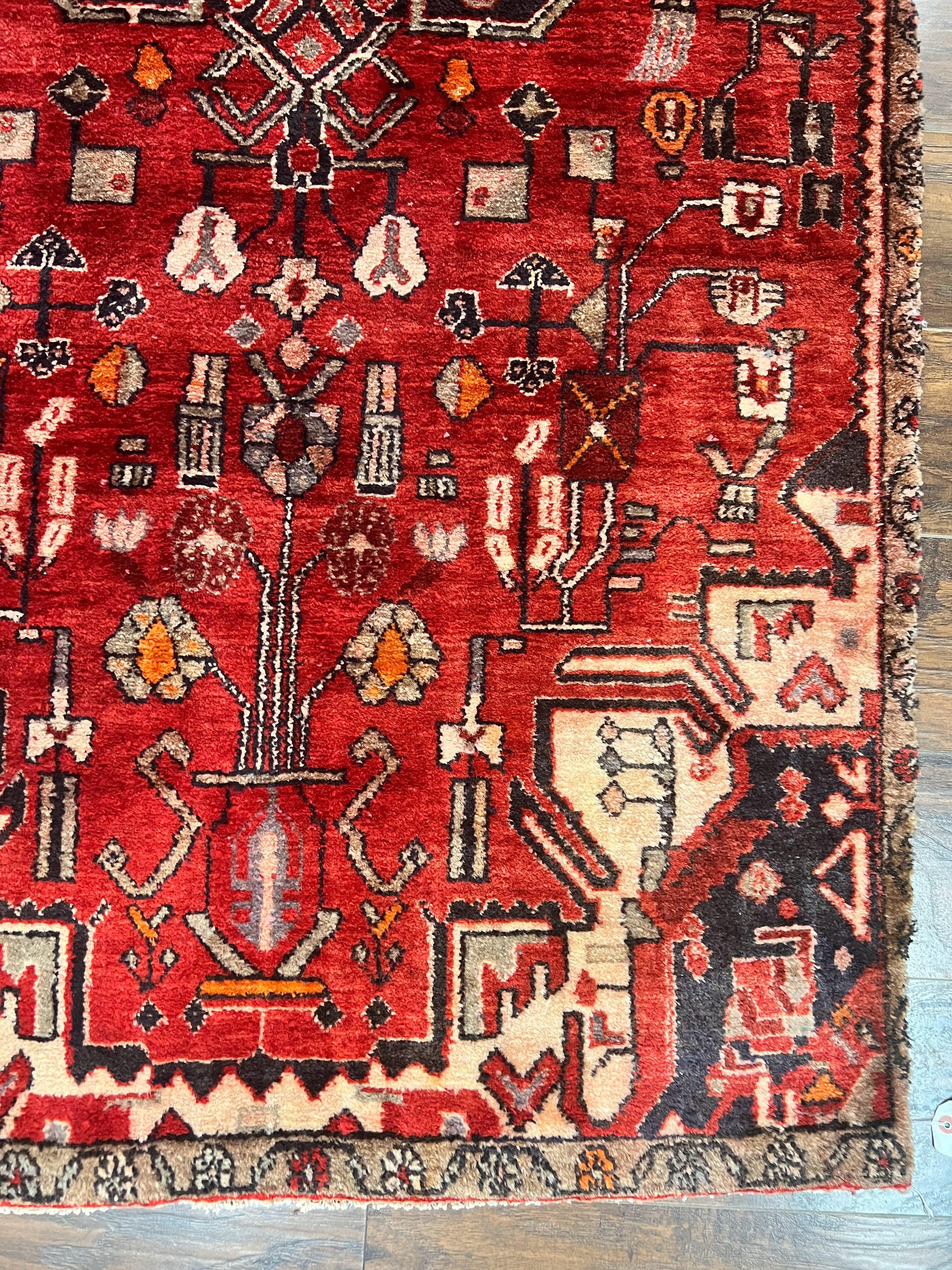 Antique Persian Tribal Rug 4 x 8, Geometric Medallion, Boho Rug, Wool Handmade Rug, Red 4x8 Rug, Persian Hamadan Rug - Jewel Rugs