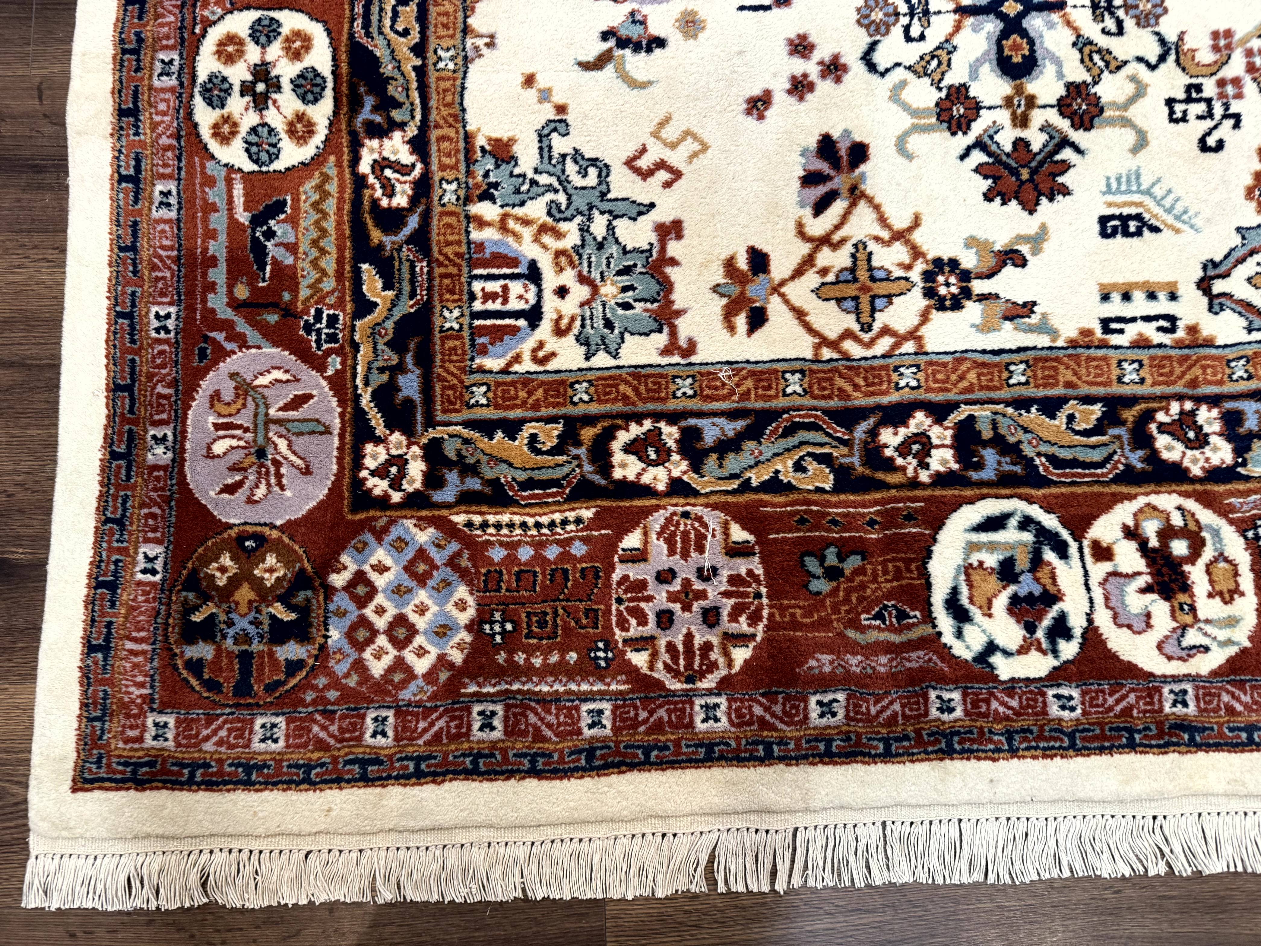 Indo Chinese Wool Rug 9x12, Ivory and Rust Red, Dragon Motifs - Jewel Rugs