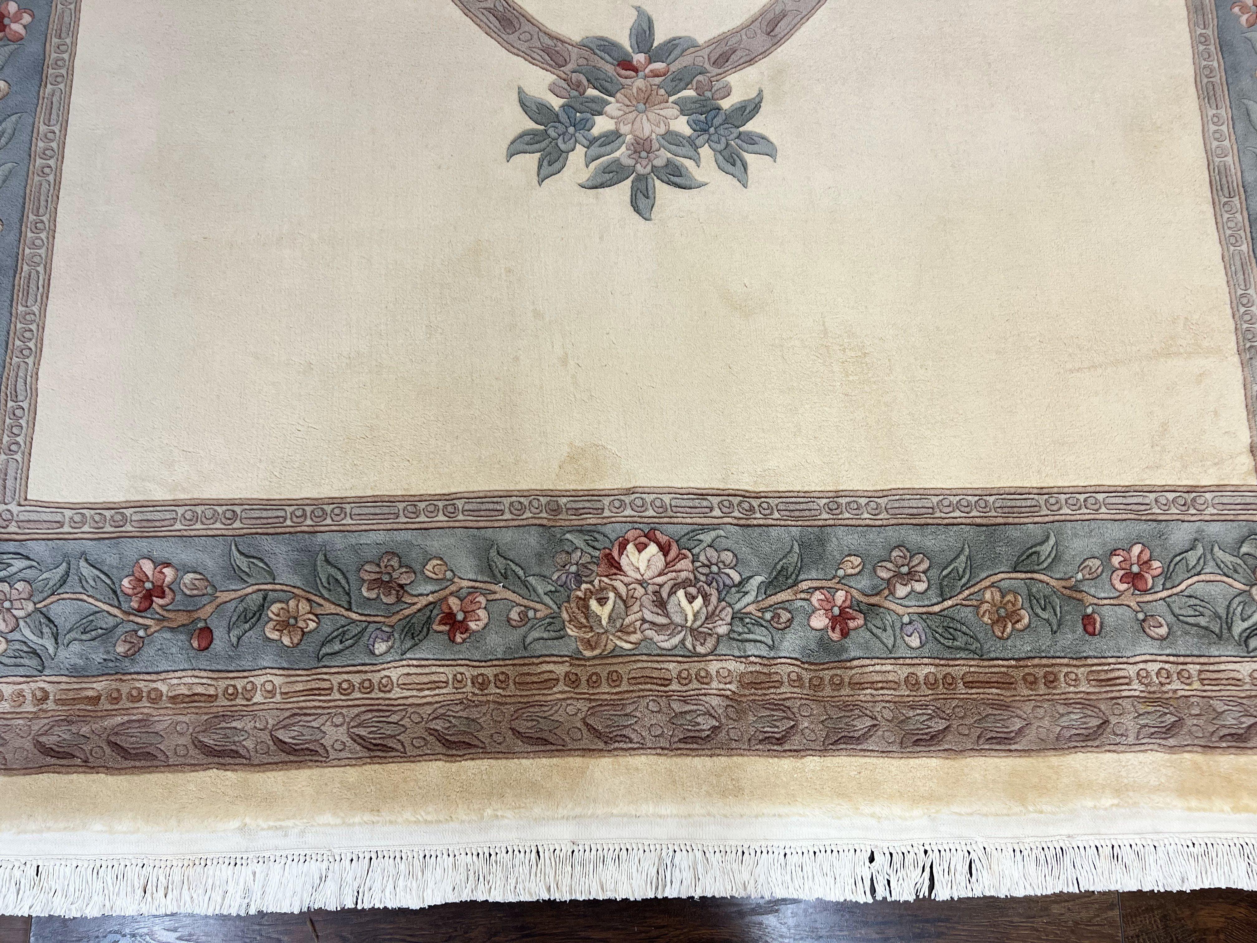 Chinese Carving Rug 8x10, Chinese Wool Carpet 8 x 10, Cream, 120 Line Rug, Vintage Handmade Art Deco Asian Oriental Rug, Aubusson Rug - Jewel Rugs