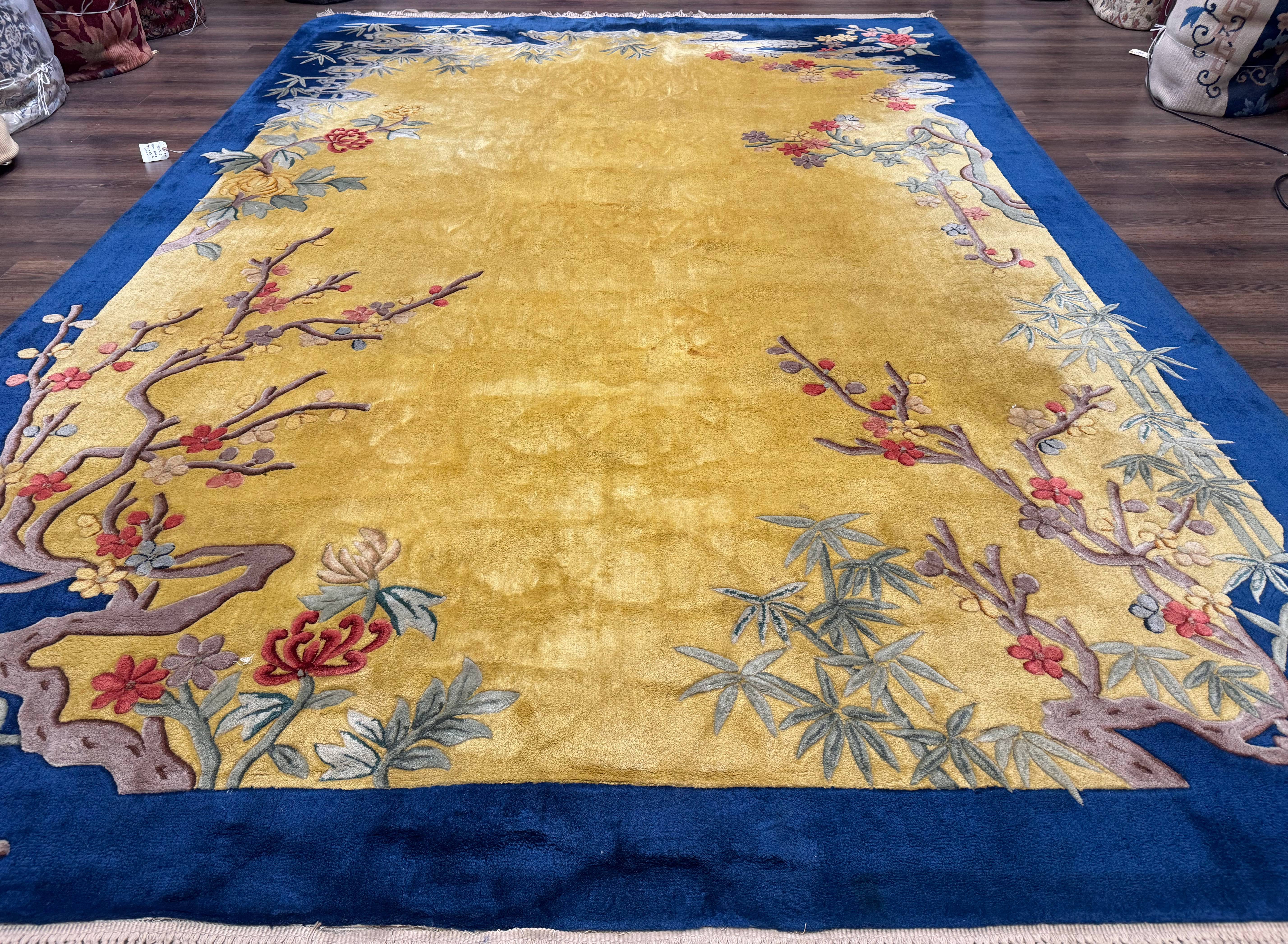 Chinese Peking Rug 9.6 x 13, Light Mustard & Blue, Wool Chinese Carpet, Hand Tufted, Vintage - Jewel Rugs