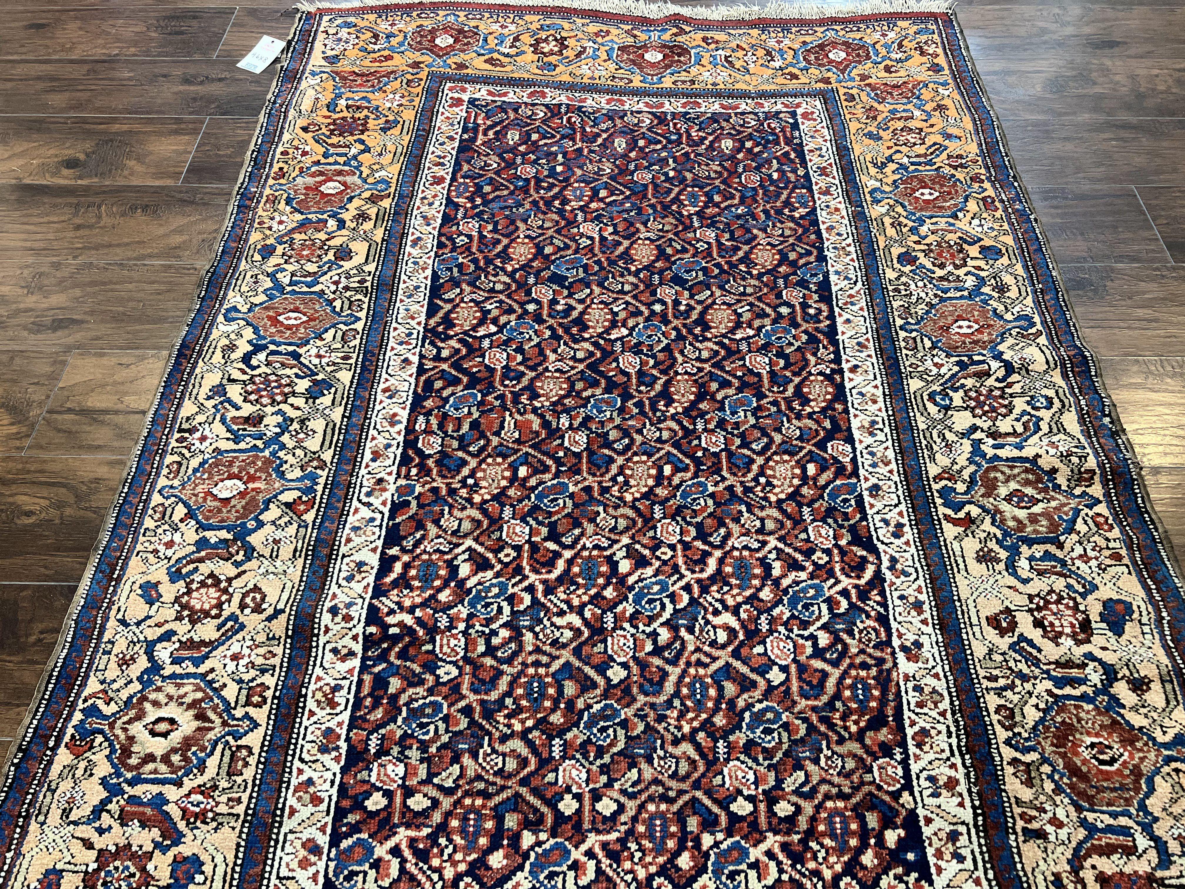 Persian Senneh Rug 4x8, Wool Hand Knotted Antique Kurdish Carpet, Navy Blue Oriental Area Rug, 4 x 8 Rug - Jewel Rugs