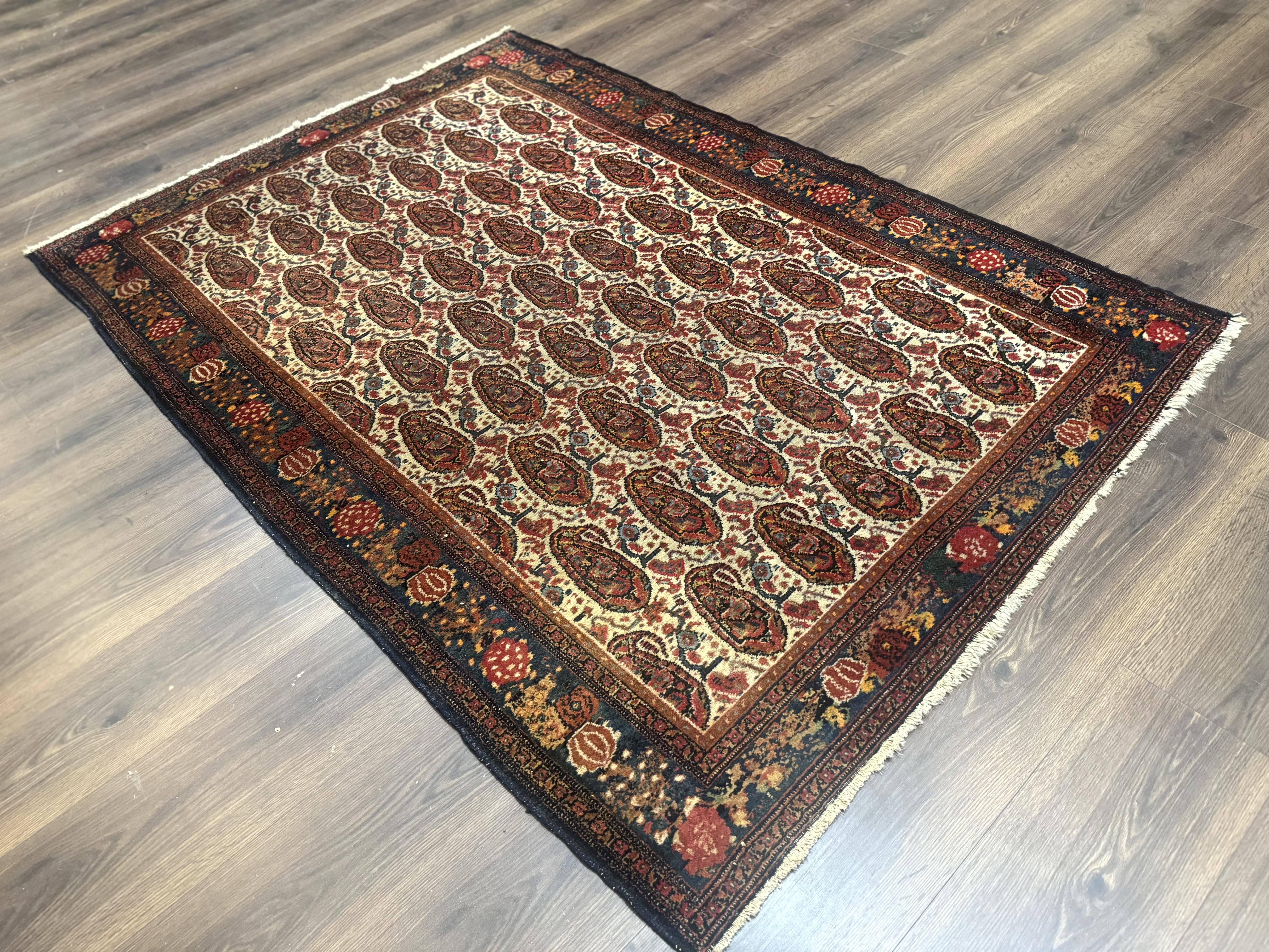 Antique Persian Kurdish Senneh Rug 4.6 x 6.5, Repeated Paisely Boteh Design, Handmade - Jewel Rugs
