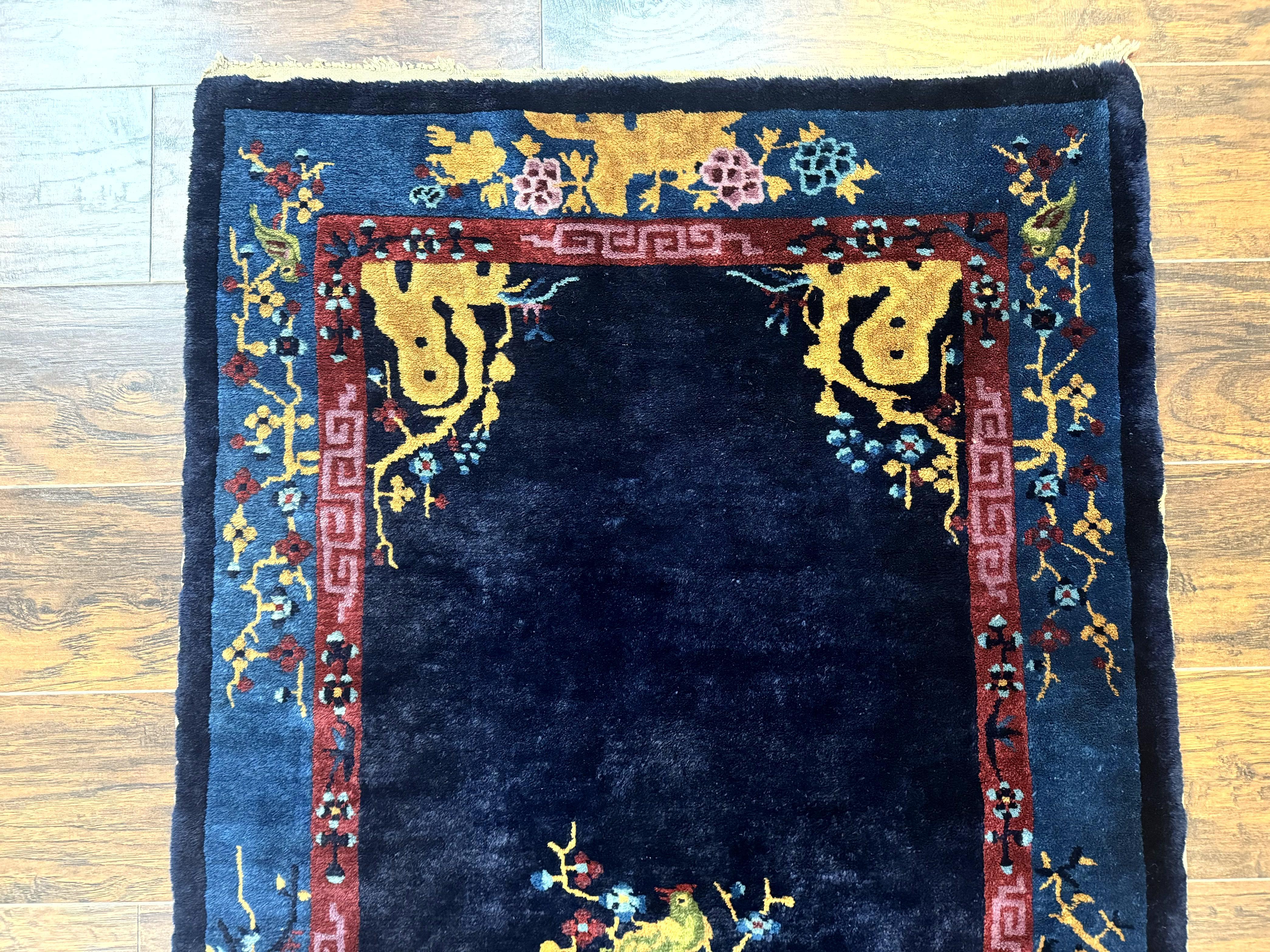 Antique Chinese Peking Rug 3x6, Dark Blue, Bird Motif, Handmade Wool Art Deco Asian Oriental Carpet, Pair A - Jewel Rugs