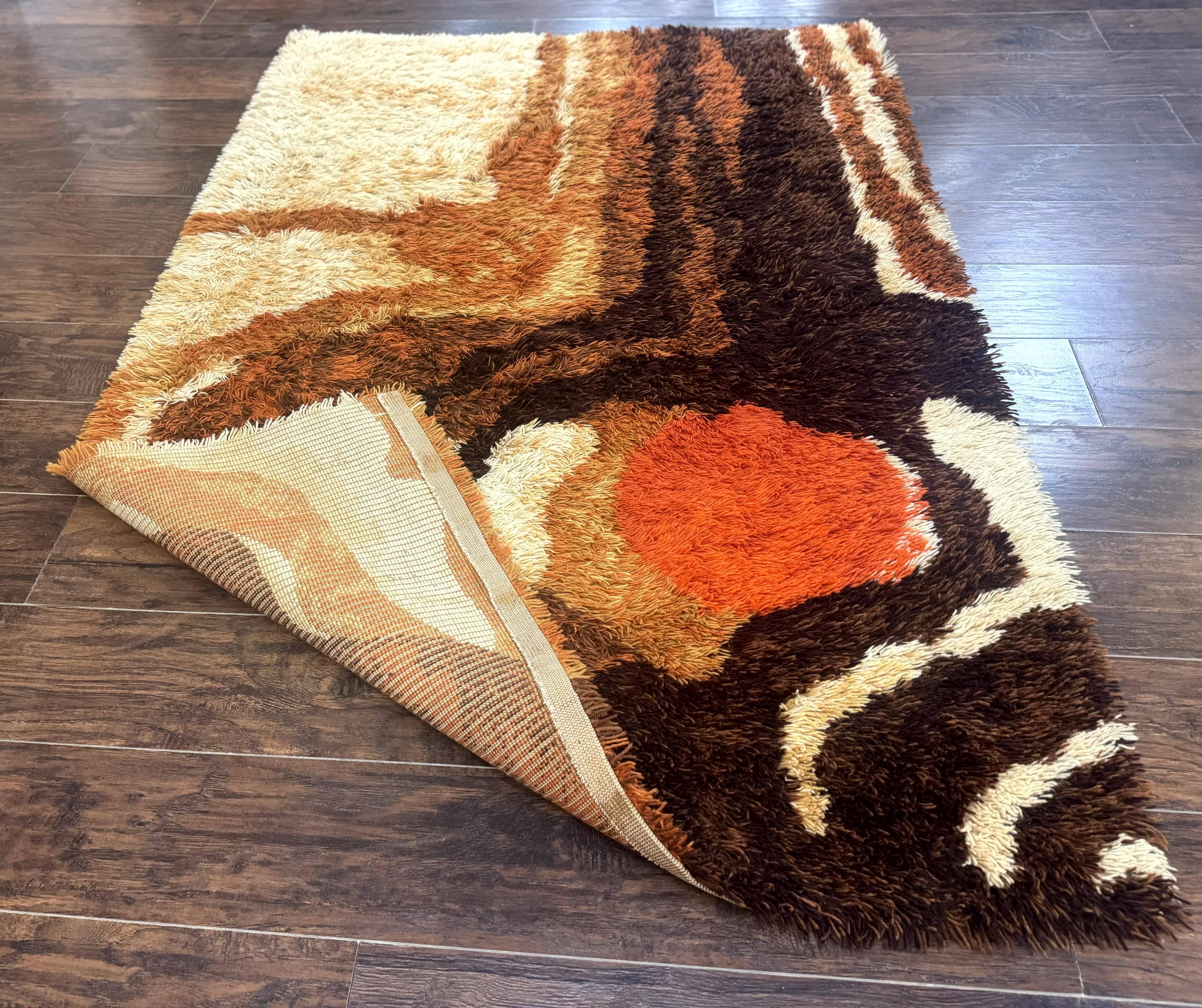 Danish Rya Shag Rug, Mid Century Modern Vintage Retro Abstract Carpet, 5x6, Shades of Brown Cream and Orange - Jewel Rugs