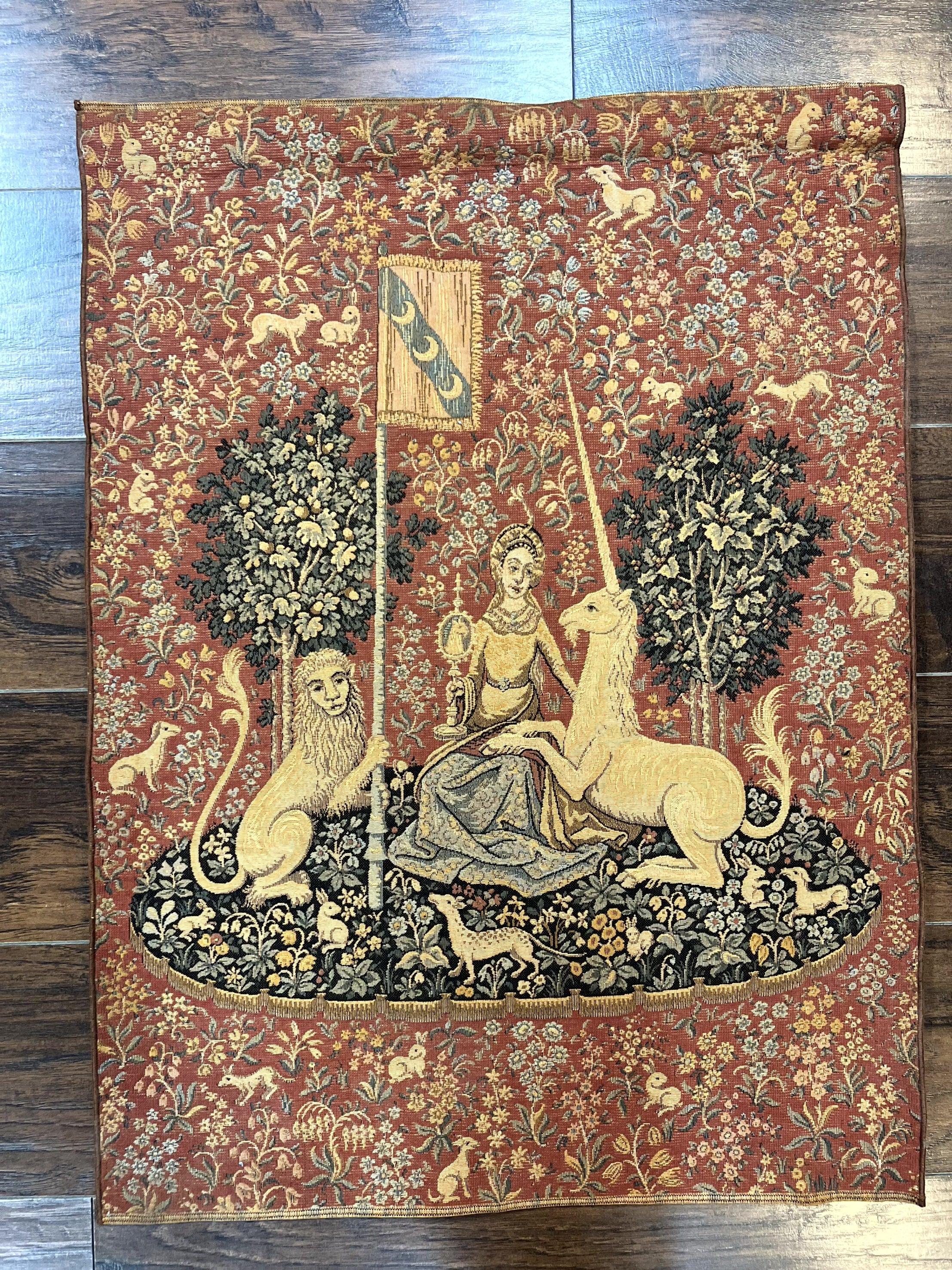 Vintage Tapestry 2x3, Unicorn Lion Animal Motifs, Medieval, Flag - Jewel Rugs