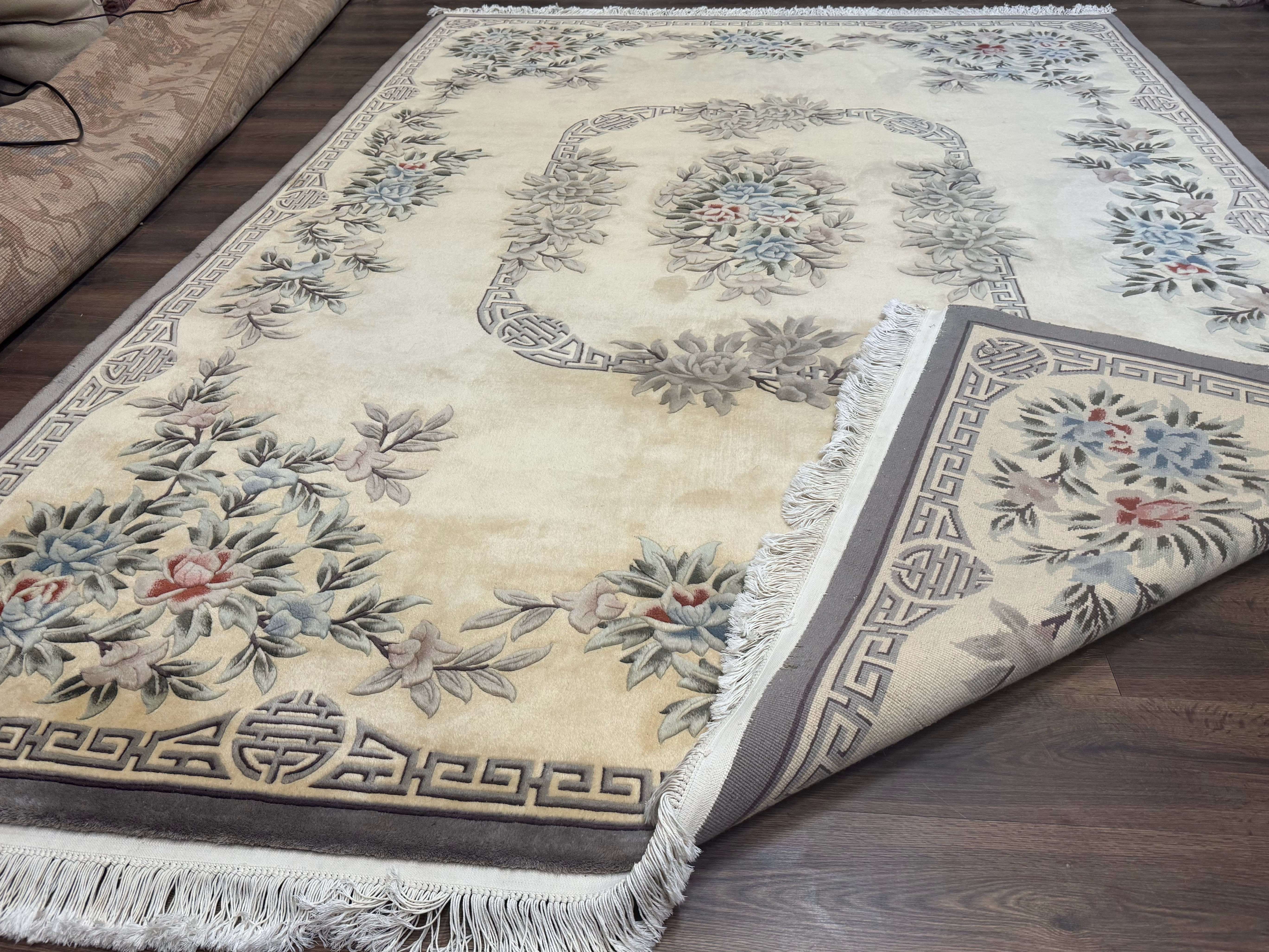 Chinese Wool Rug 9x12, Carving 90 Line Carpet, Floral, Cream and Green - Jewel Rugs