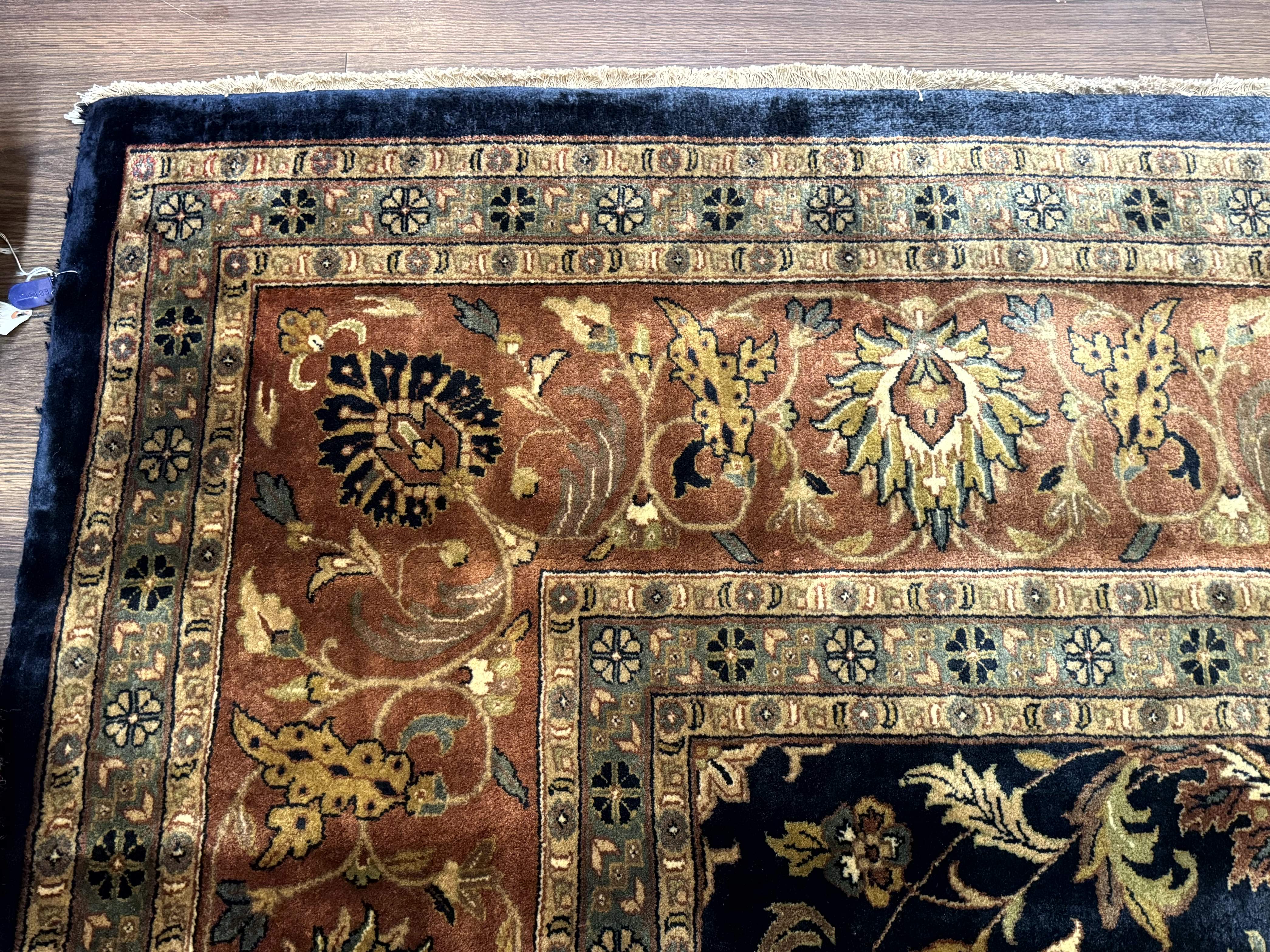 Large Indo Persian Rug 10x14, Navy Blue and Terracotta, Allover Floral Pattern - Jewel Rugs