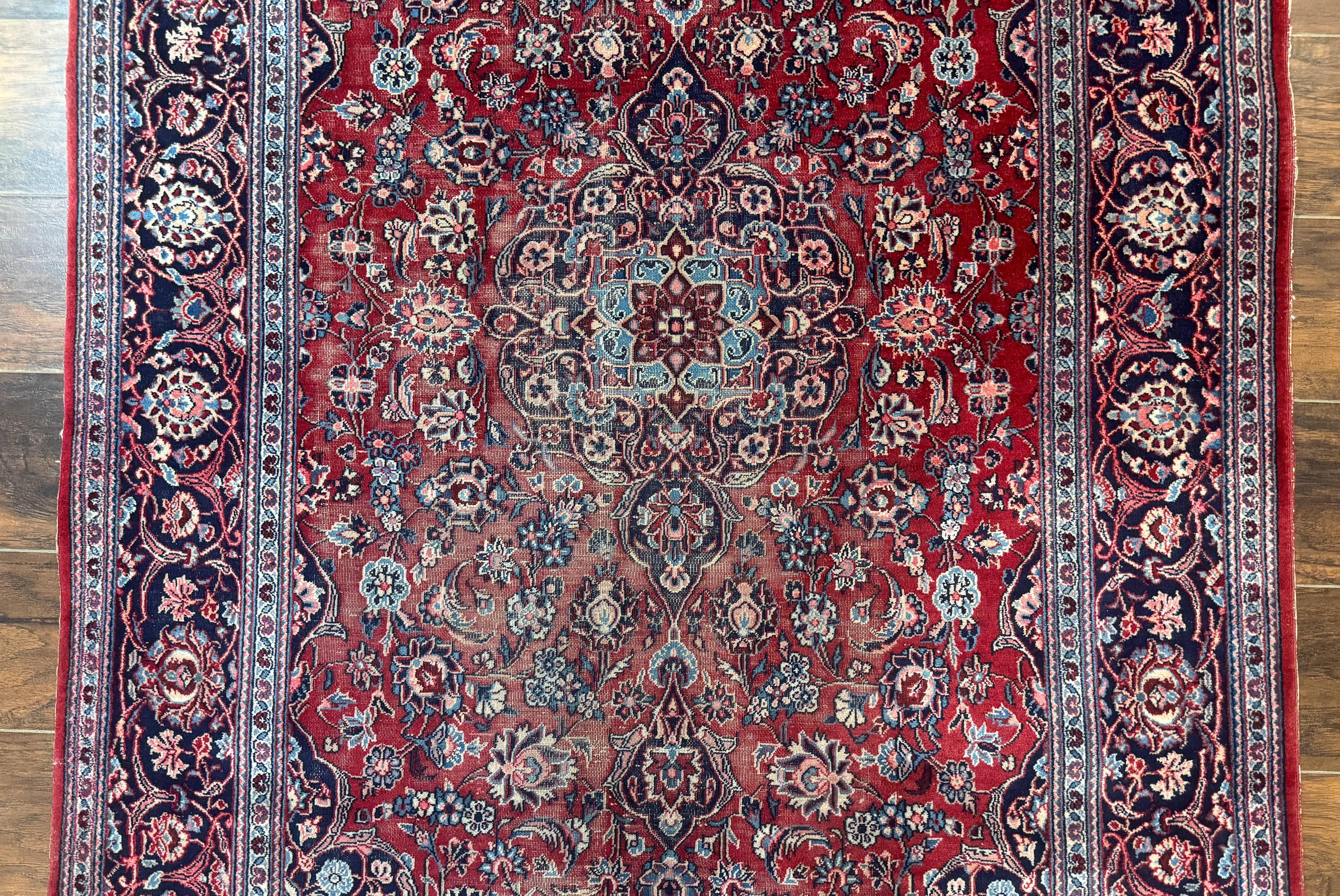 Antique Persian Kashan Rug 4x7, Red and Navy Blue, Floral Medallion, Traditional Oriental Carpet, Medium Low Pile - Jewel Rugs