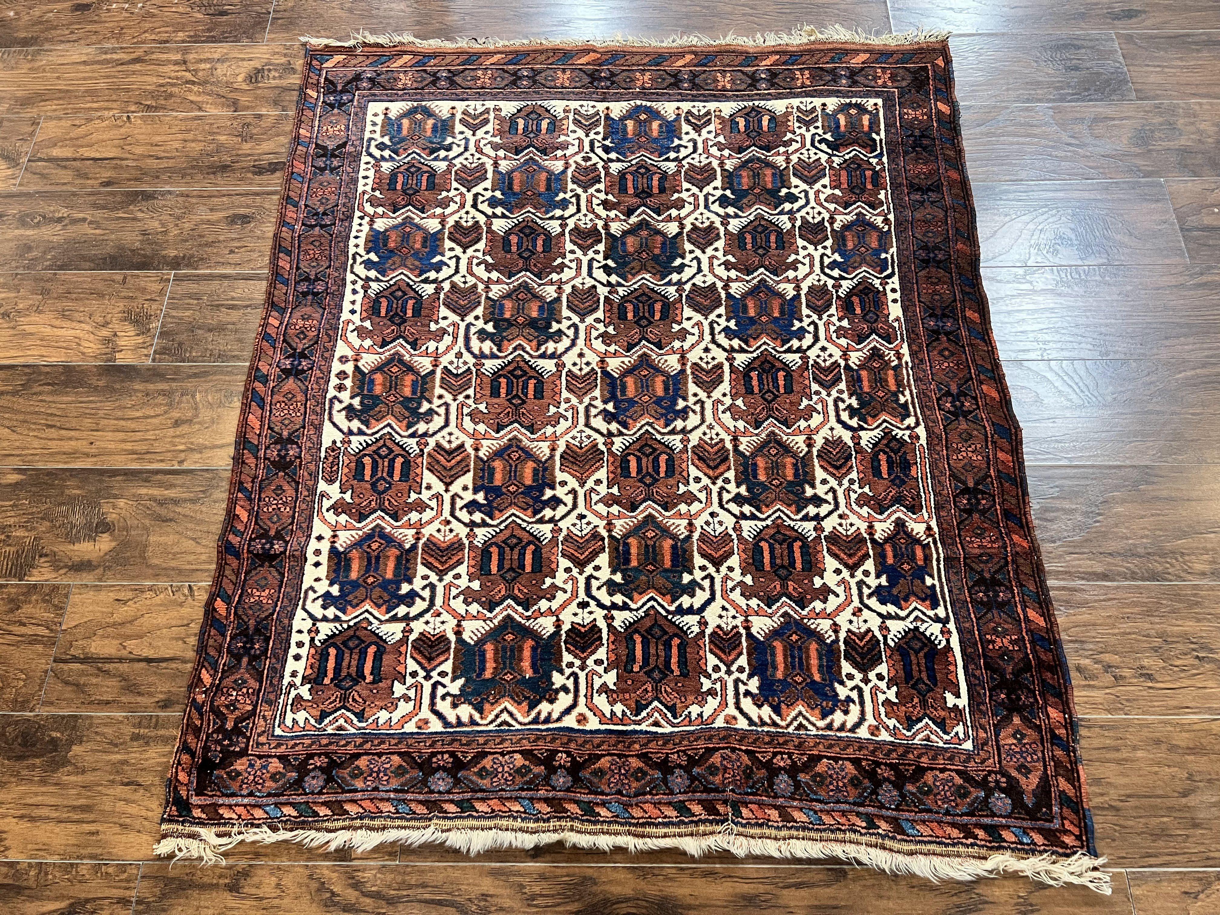 Persian Afshar Rug 4x5, Repeated Motif, Ivory & Burgundy, Wool Tribal Oriental Carpet, Handmade Vintage Semi Antique Medium Sized Rug - Jewel Rugs