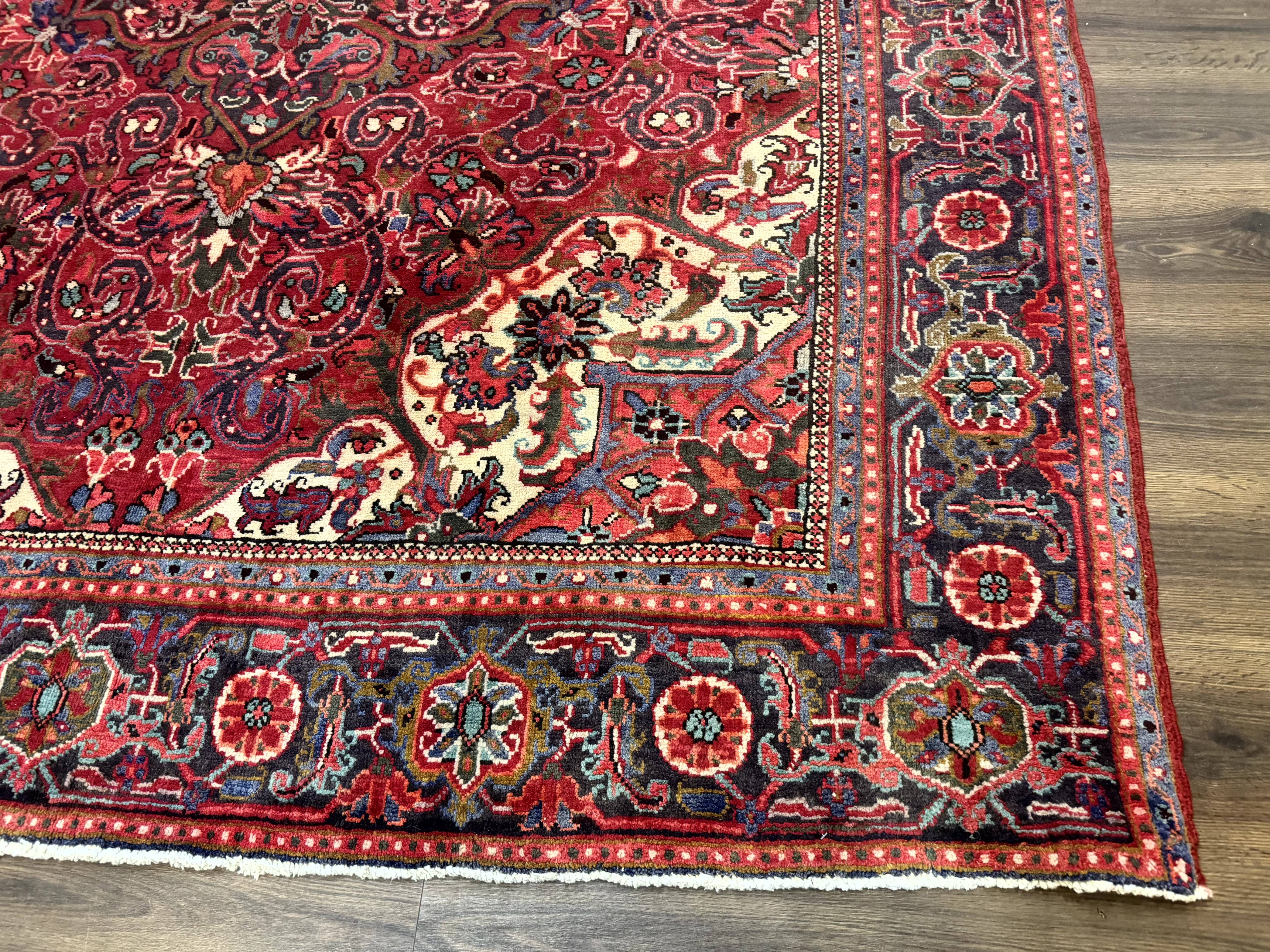 Persian Heriz Rug 7x10, Red and Navy, Geometric Medallion, Vintage Wool Carpet - Jewel Rugs