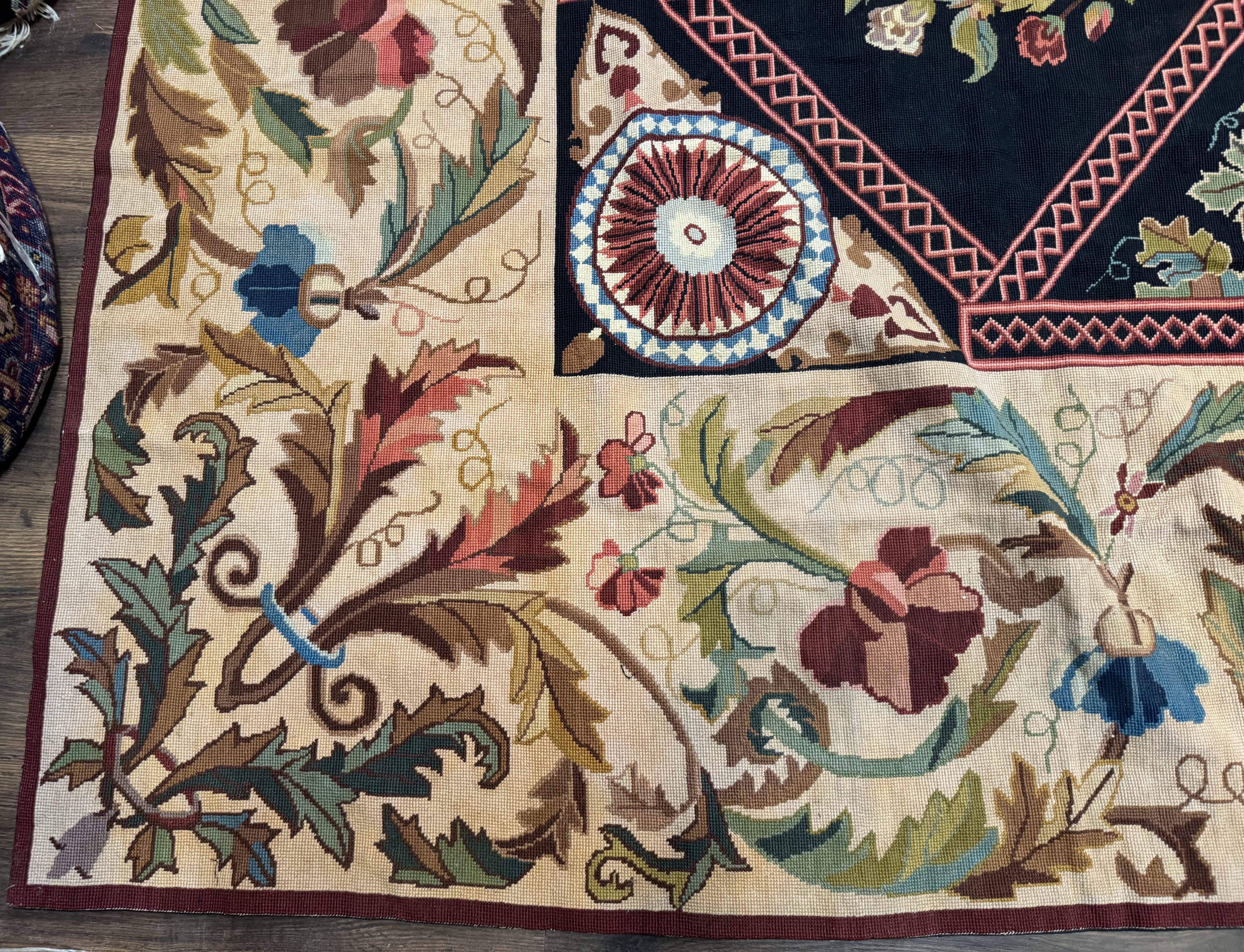 Palace Size Needlepoint Rug 12x20, European French English Aubusson Floral Design, Black and Beige - Jewel Rugs