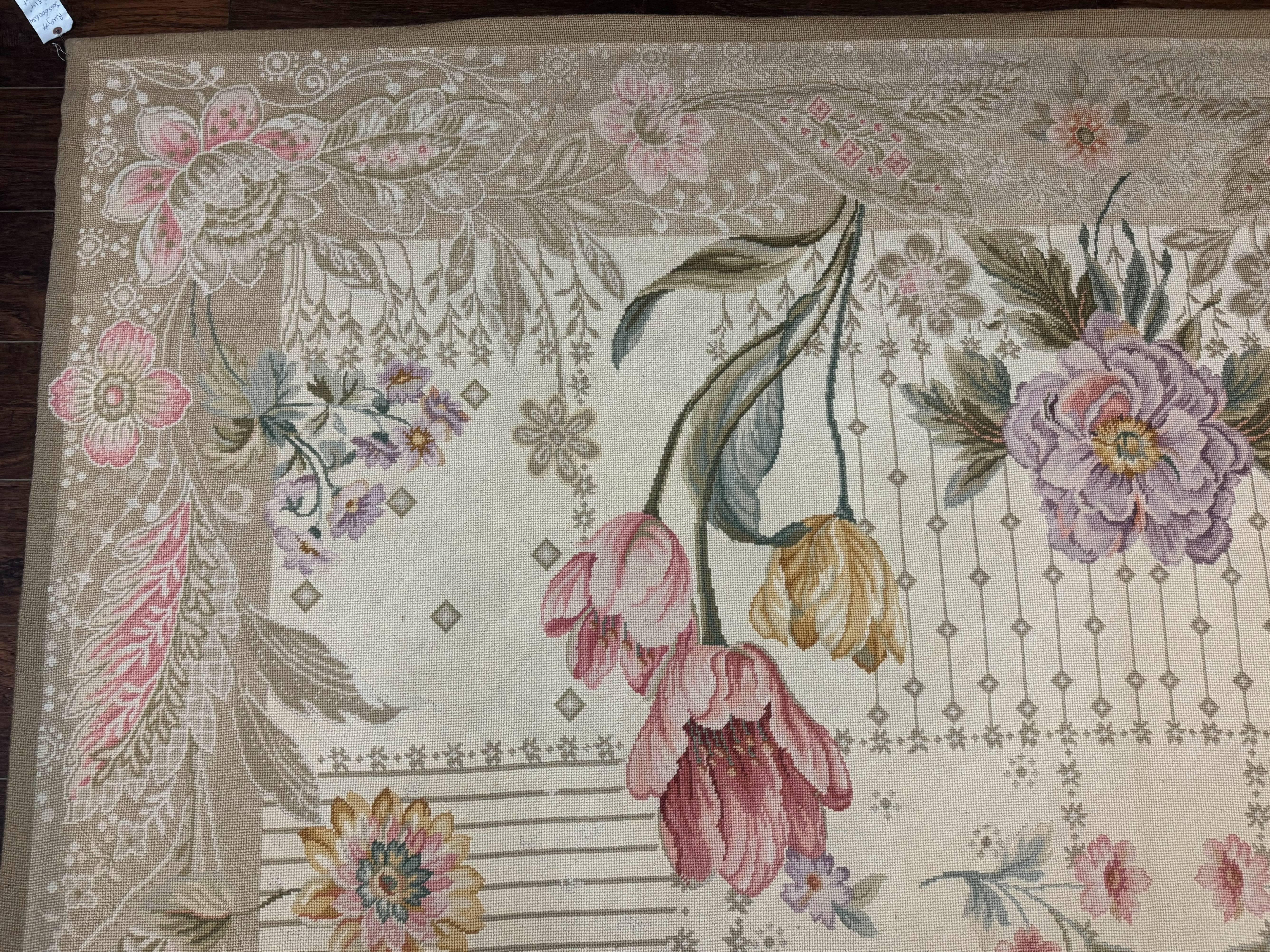 Needlepoint Rug 10x14, Petitepoint Carpet, Floral, Elegant, European Design, Beige Pink Lavender, Large Flowers - Jewel Rugs