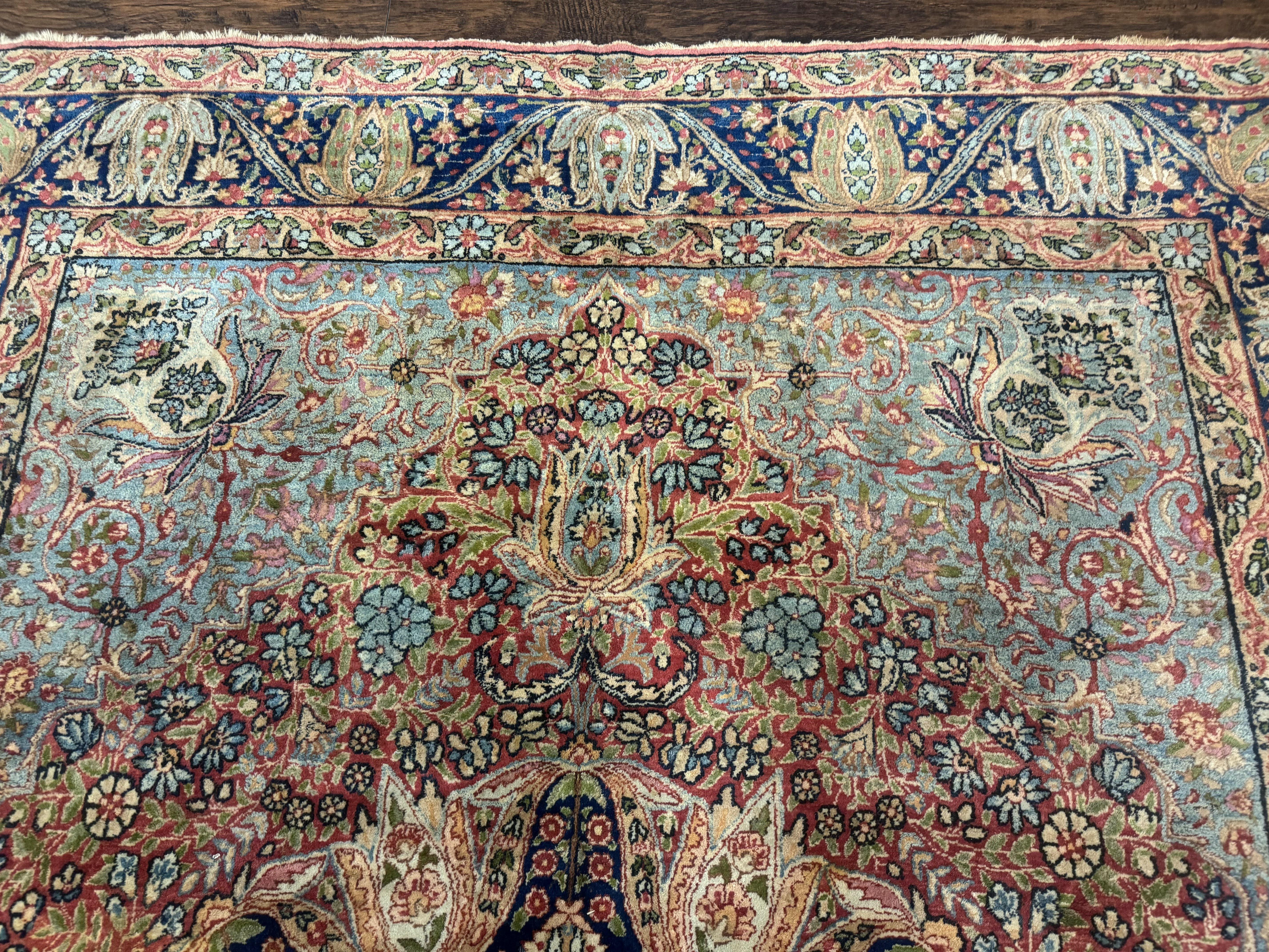 Antique Persian Kerman Lavar Rug 6x10, Colorful Navy Blue Red Light Blue, Floral, Multicolor, Very Fine, Handmade, 225 KPSI - Jewel Rugs