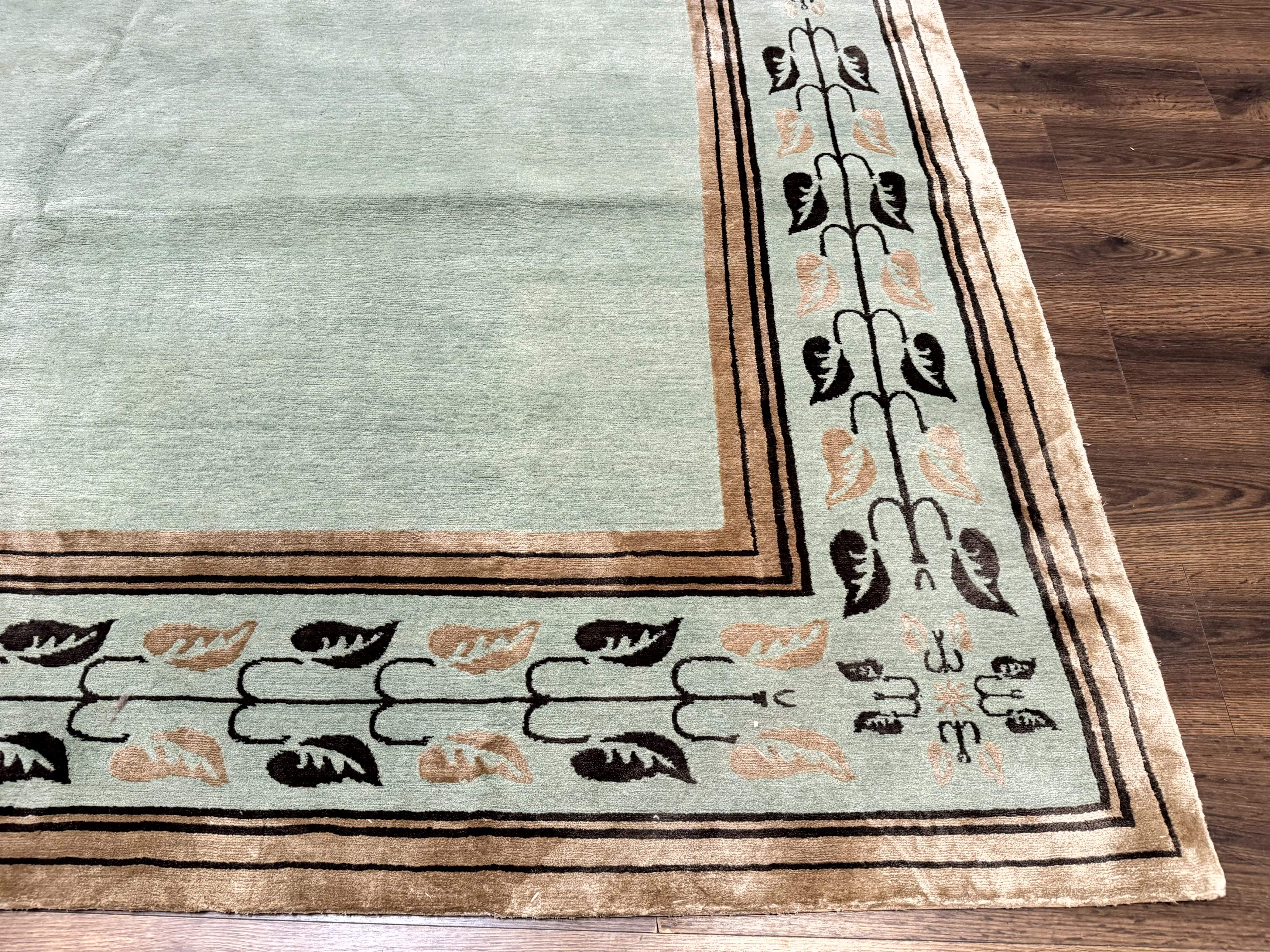 Palace Size Nepali Rug 9x18, Open Field, Light Mint Green, Wool Hand Knotted, Modern Contemporary - Jewel Rugs