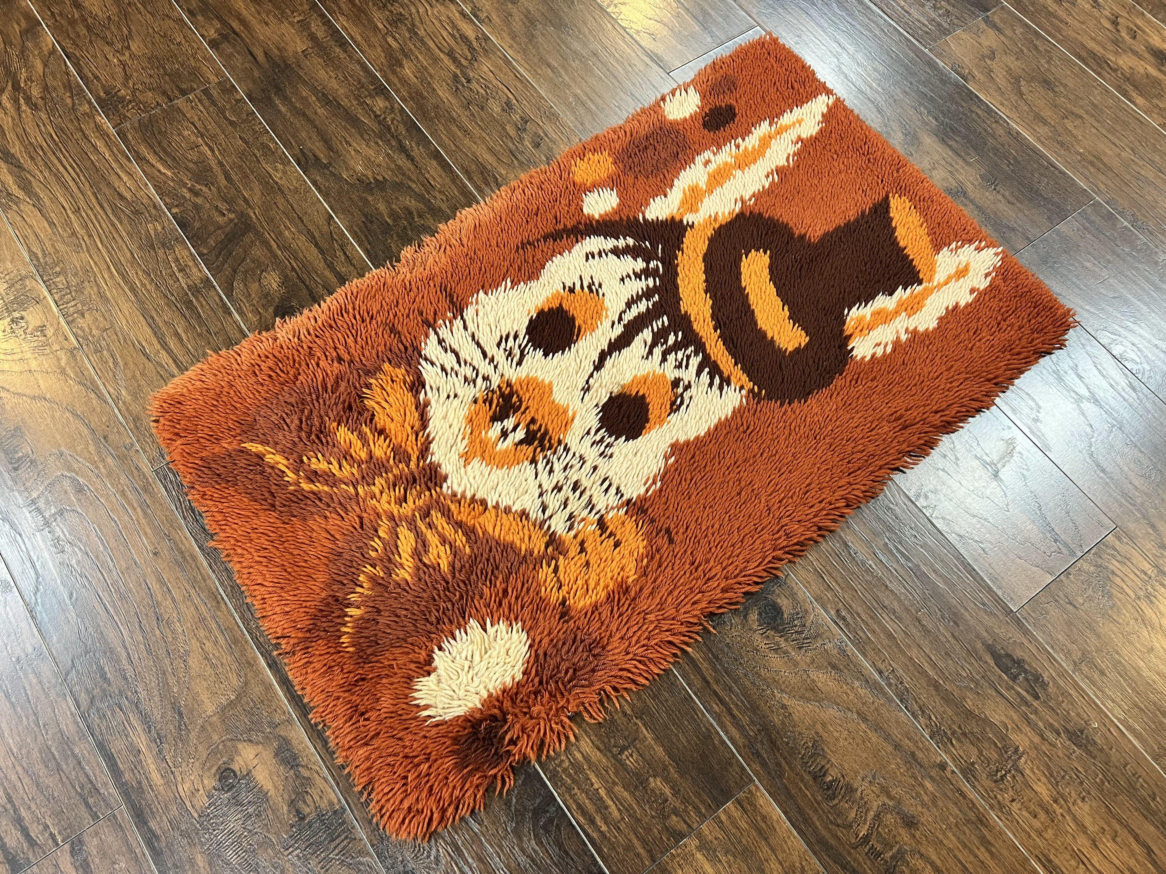 Rya Shag Rug 2x4, Rabbit in Top Hat, Wool, Orange, Vintage 1960s Danish Shag Rug - Jewel Rugs